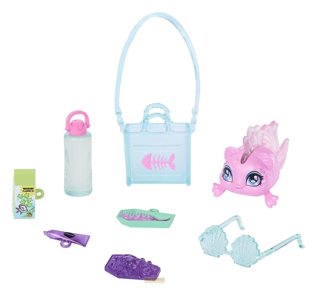 Ein rosa Fisch-Spielzeug mit Zubehör: Tasche, Brille, Flasche, Tube und mehr.