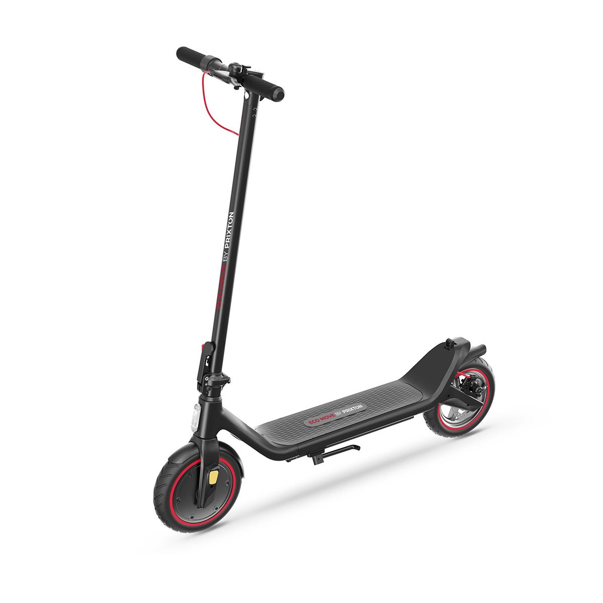 Patinete eléctrico negro con detalles rojos sobre fondo blanco.