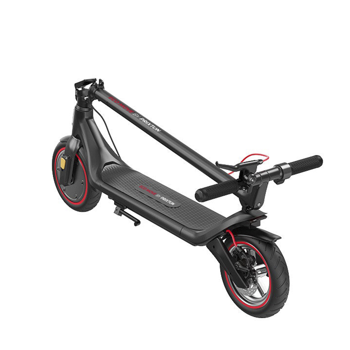Patinete eléctrico negro con detalles rojos sobre fondo blanco.