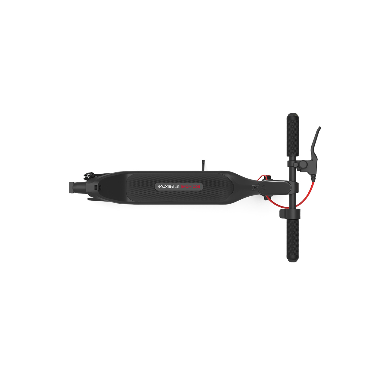 Patinete eléctrico negro con cable de freno rojo, visto desde arriba.