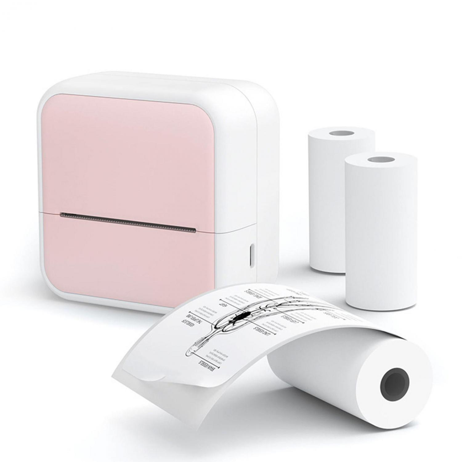 Ein pinkfarbener Drucker mit zwei Papierrollen und einem bedruckten Papierstreifen.