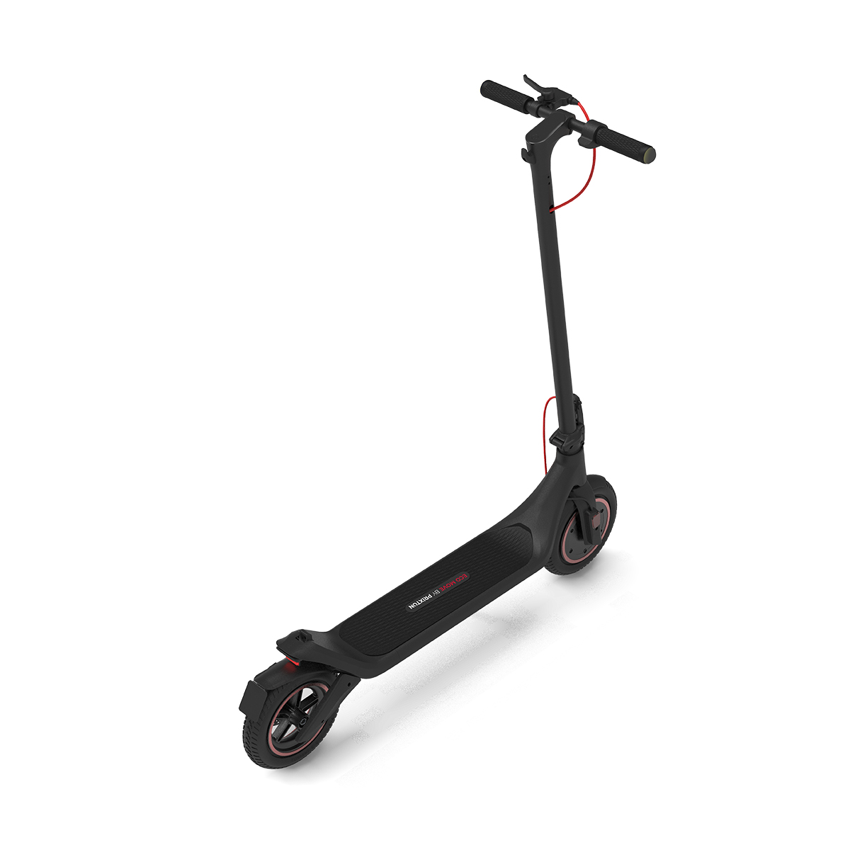 Un patinete eléctrico negro con detalles rojos sobre fondo blanco.