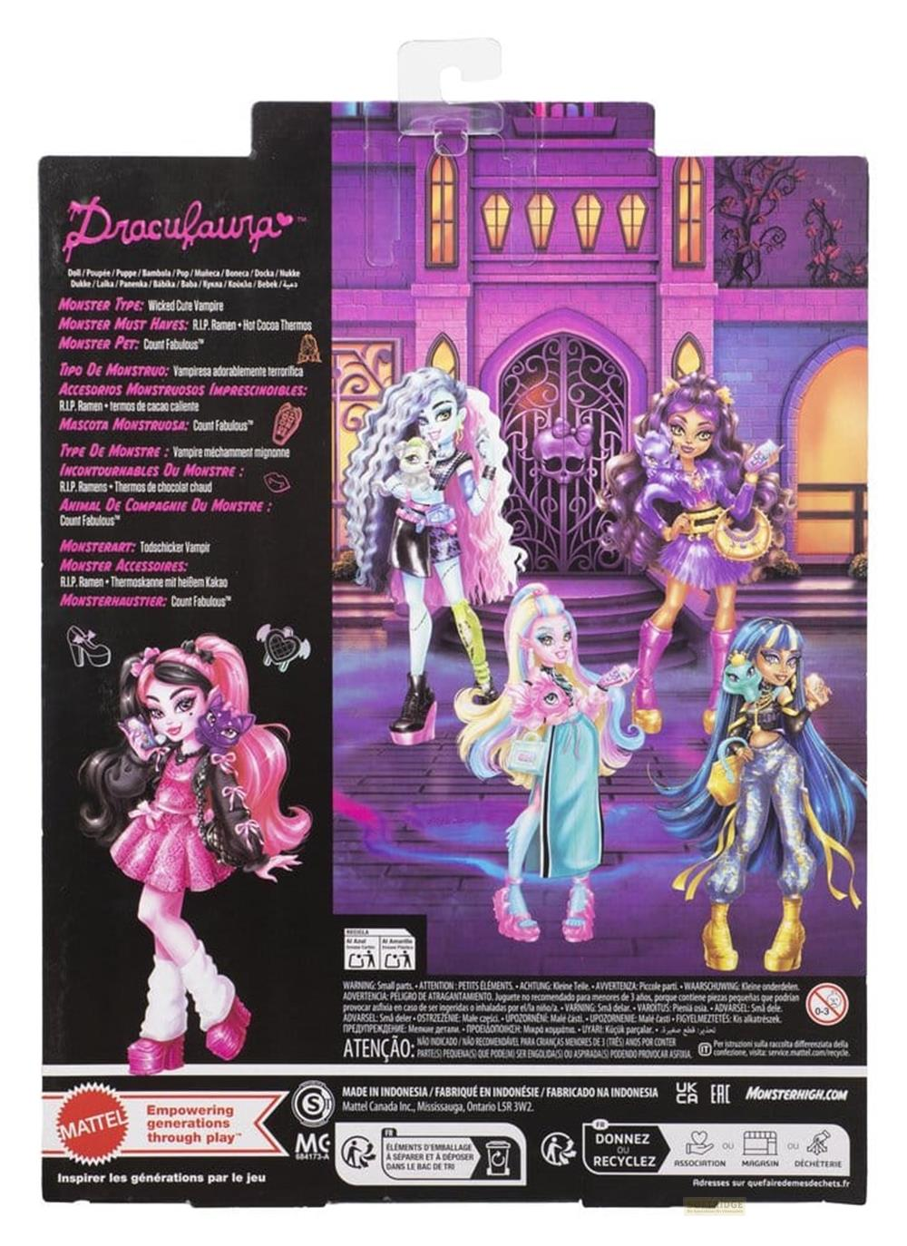 Monster High Draculaura Puppen-Box mit vier Figuren vor einem Schloss Hintergrund.