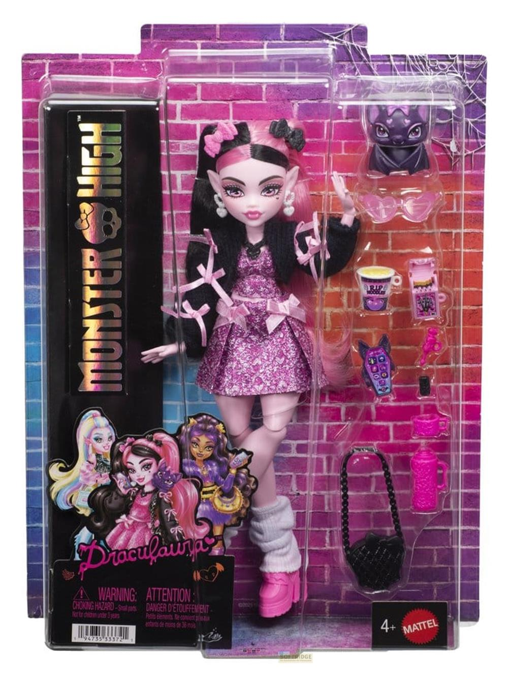 Draculaura-Puppe im Monster High-Design mit pinkem Kleid und Accessoires in Verpackung.