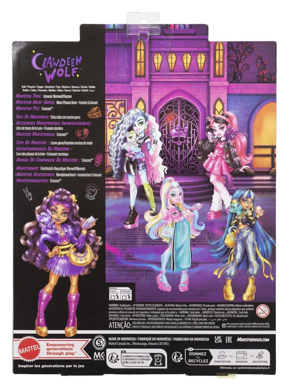 Monster High Puppen vor einem lila Schloss. Sie tragen modische Kleidung und halten Haustiere.