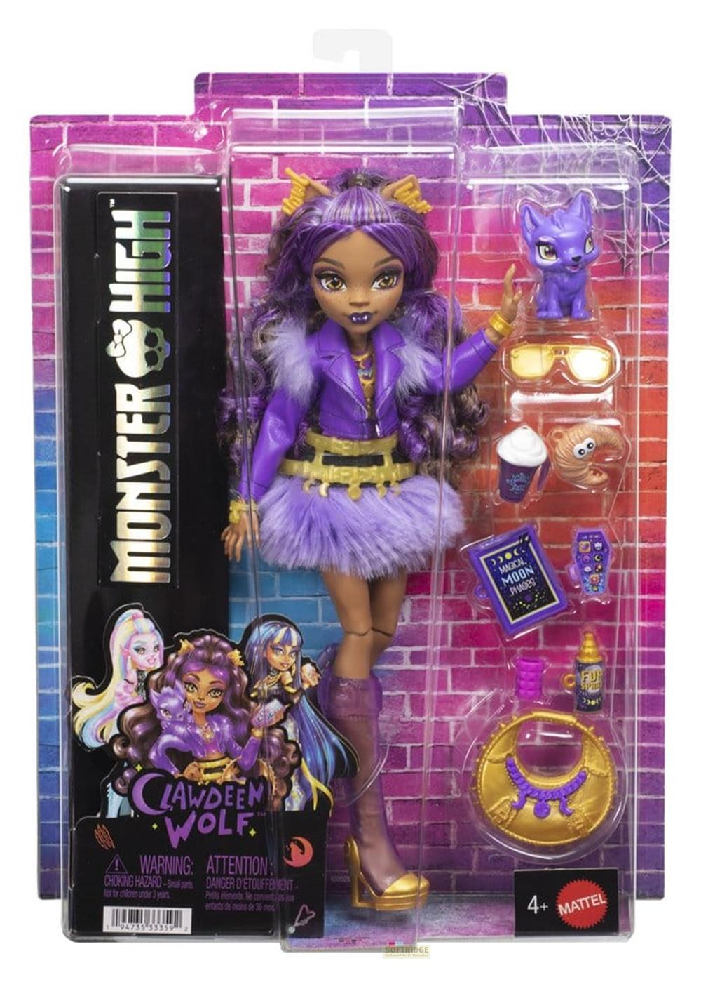 Monster High Clawdeen Wolf Puppe mit Zubehör im Paket, lila und gold.