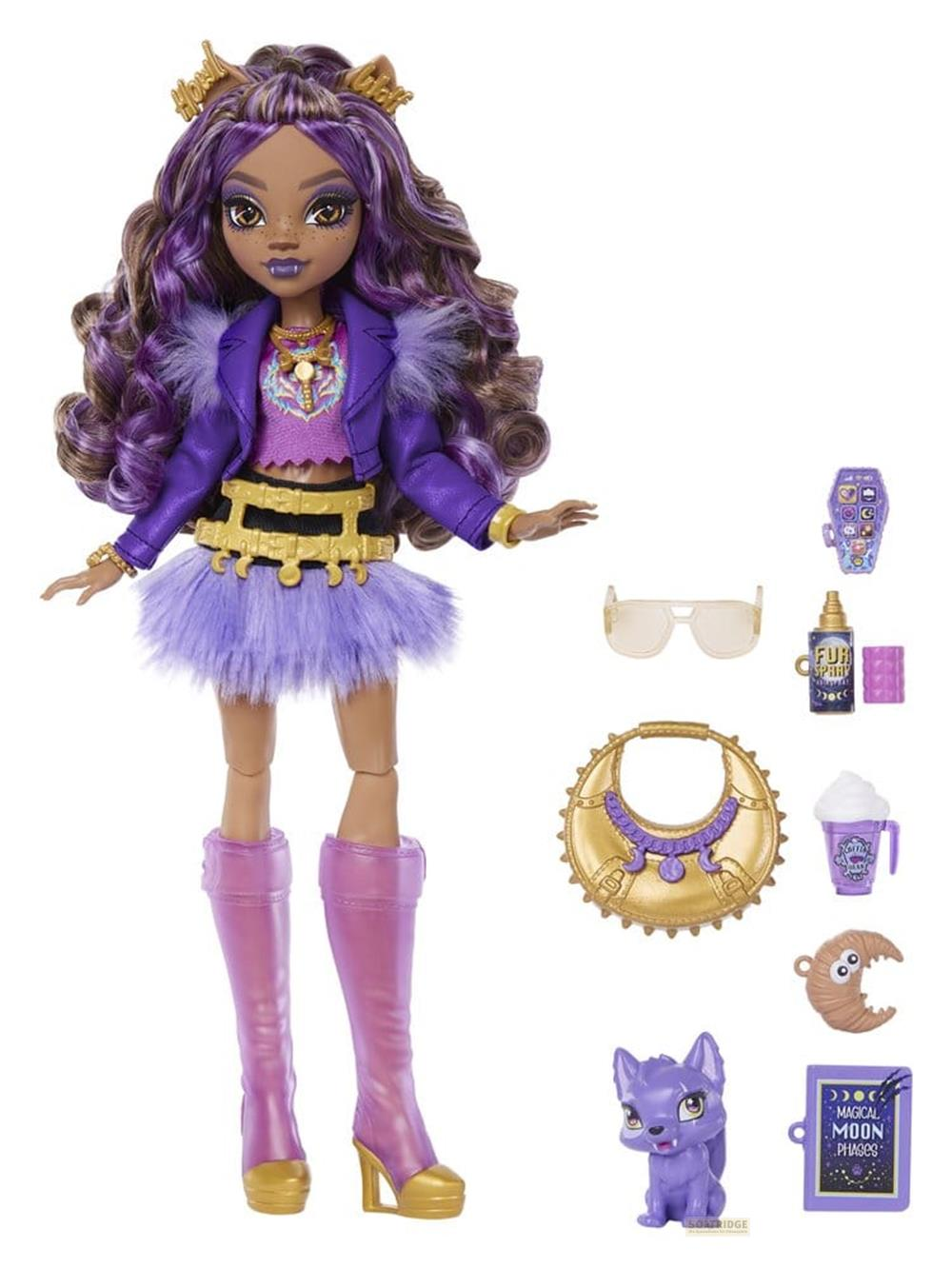 Eine Puppe mit lila Haaren, lila Stiefeln und einem lila Rock, daneben Accessoires.