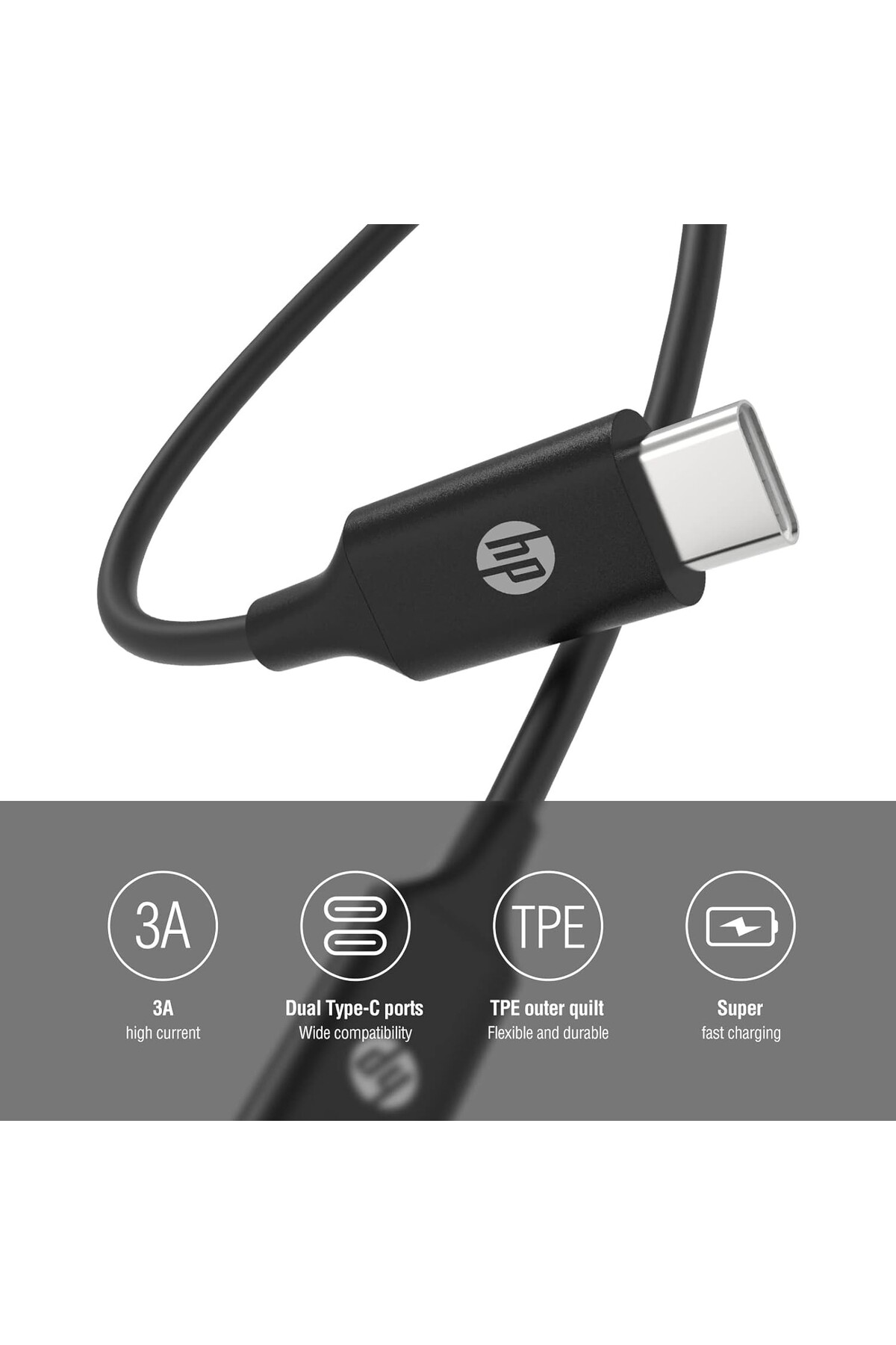 Gümüş konnektörlü siyah HP USB-C kablosu, 3A, çift port, TPE.