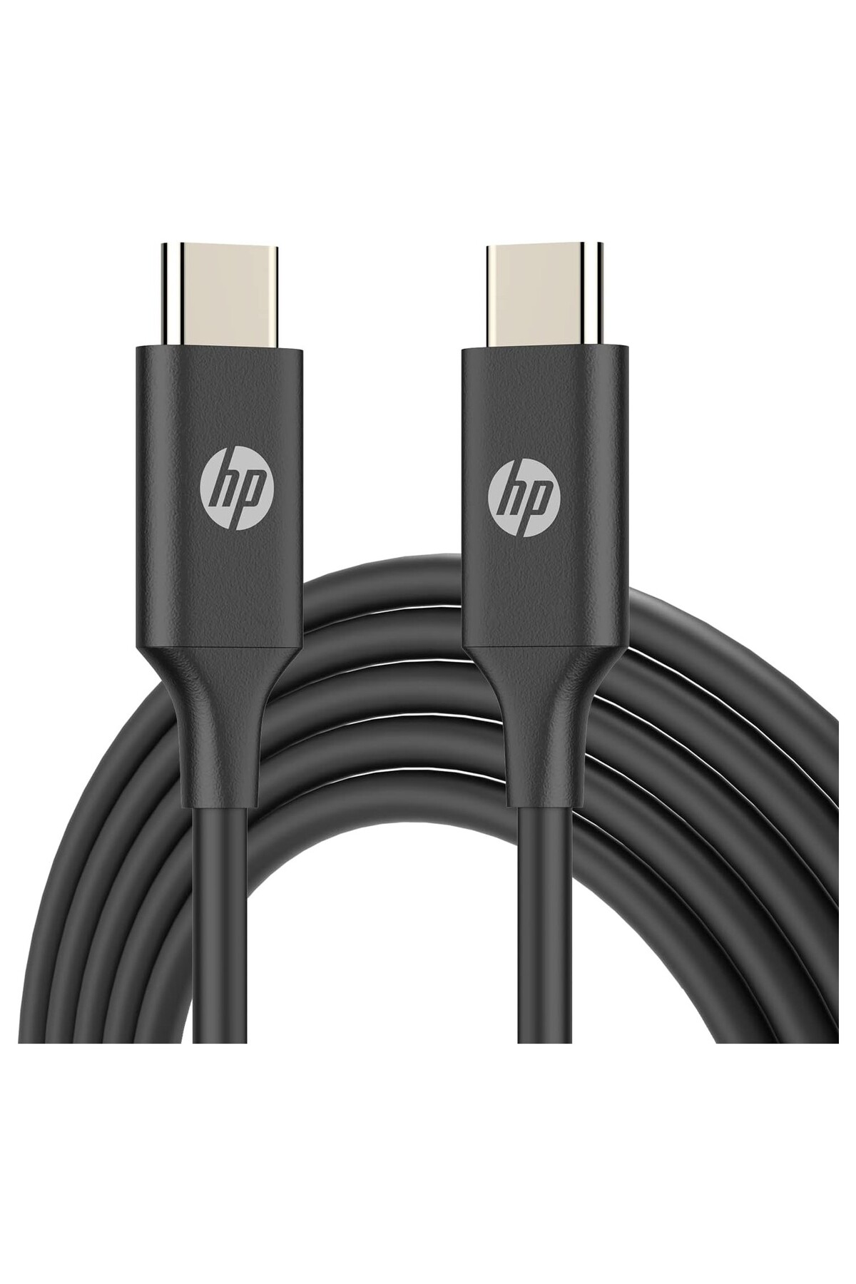 HP logolu, iki konektörlü siyah USB-C kablosu.