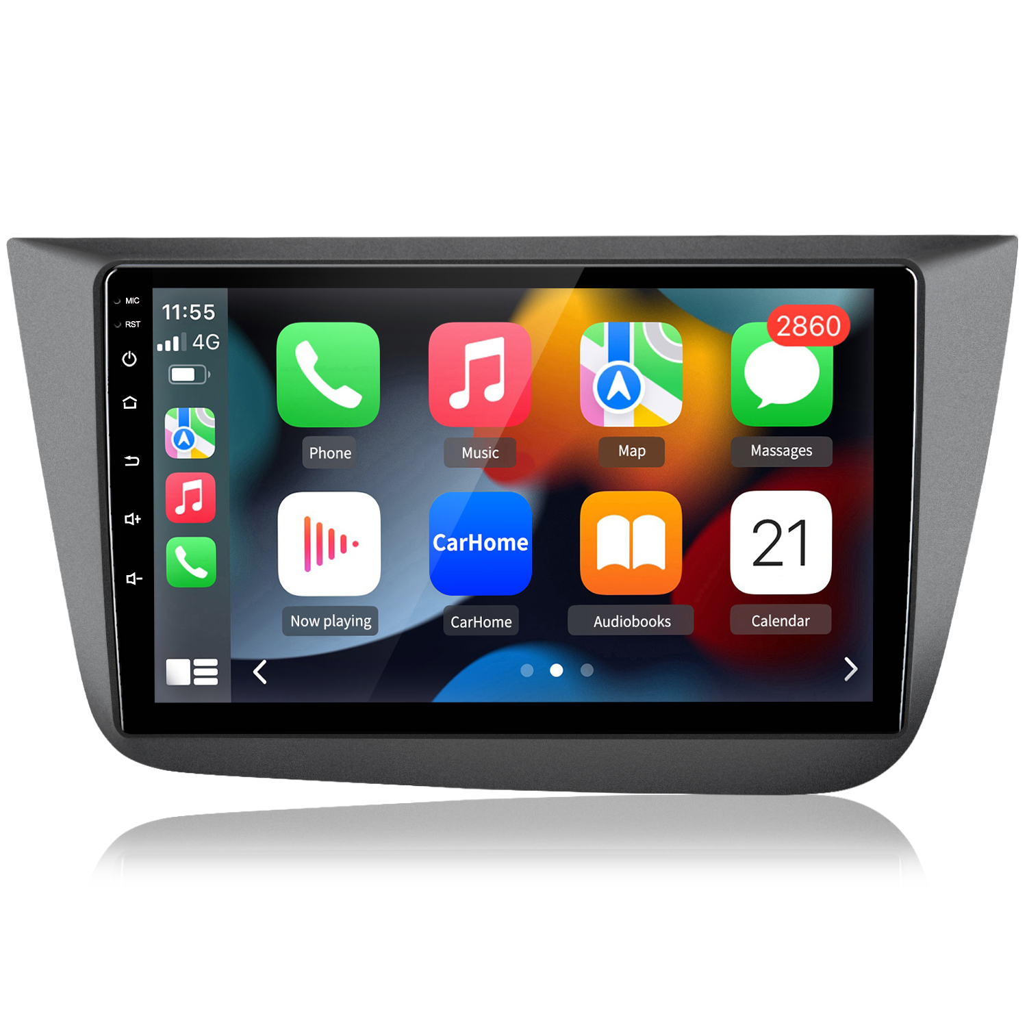 Schermo autoradio con icone app: Telefono, Musica, Mappa e Messaggi.