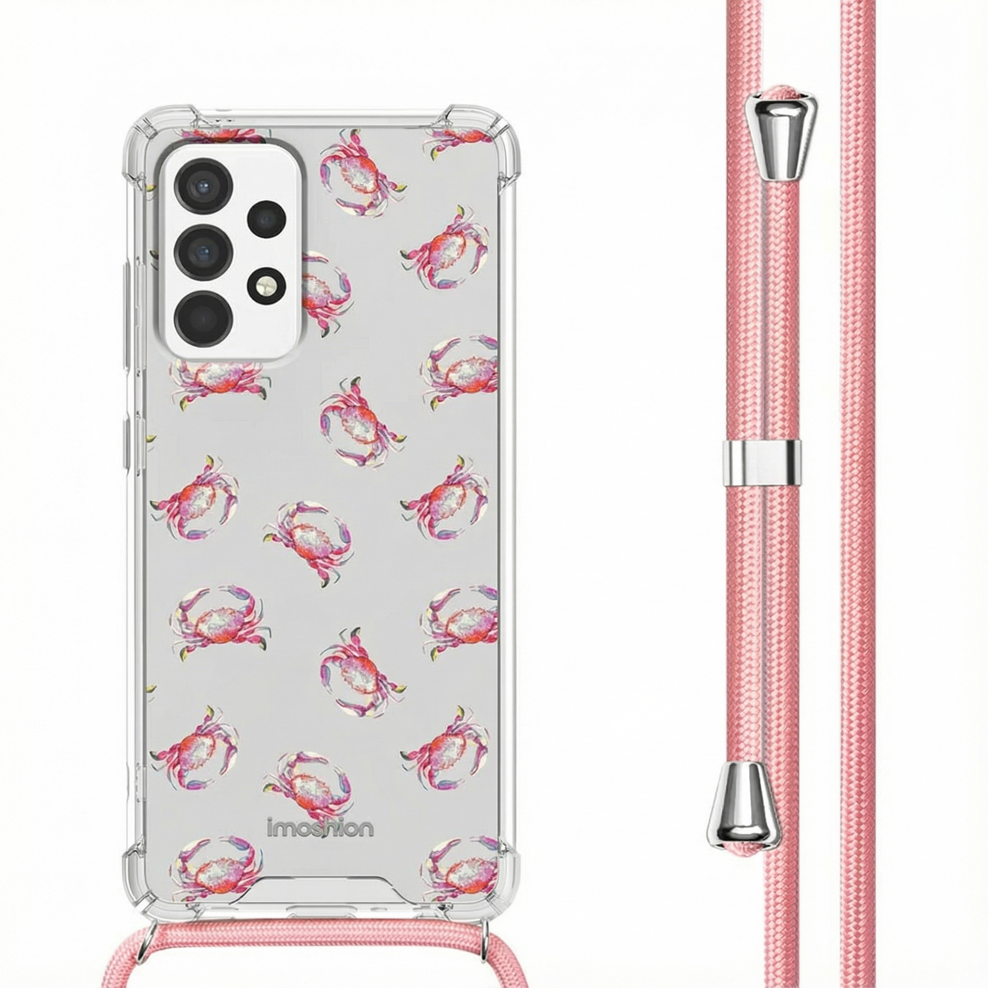 Coque de téléphone transparente avec motif crabe et cordon rose.