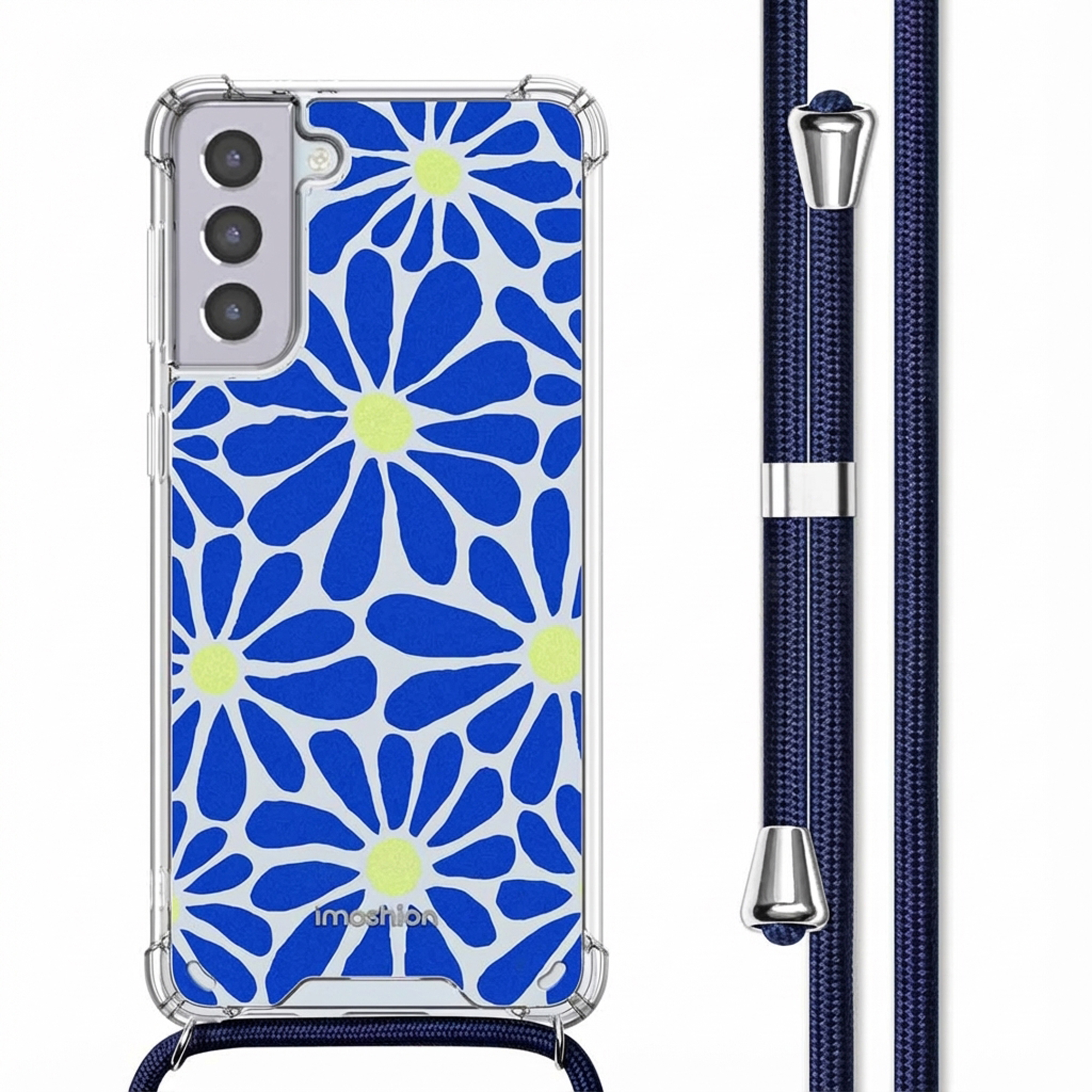 Doorzichtige telefoonhoes met blauw-gele bloemen en donkerblauw koord.