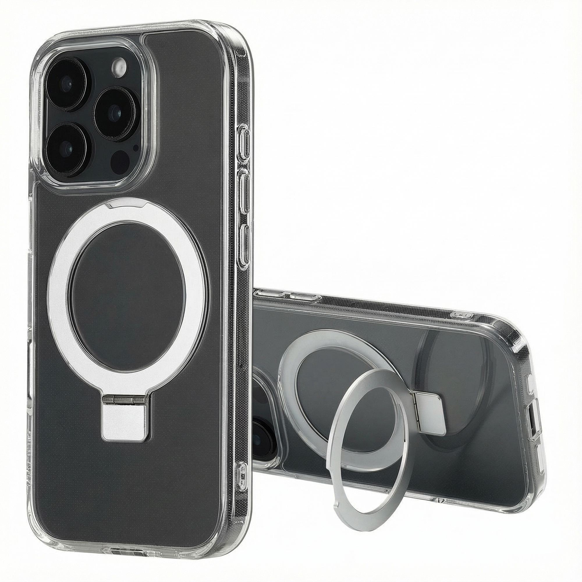 Doorzichtige telefoonhoes met magneetring en ingebouwde standaard.