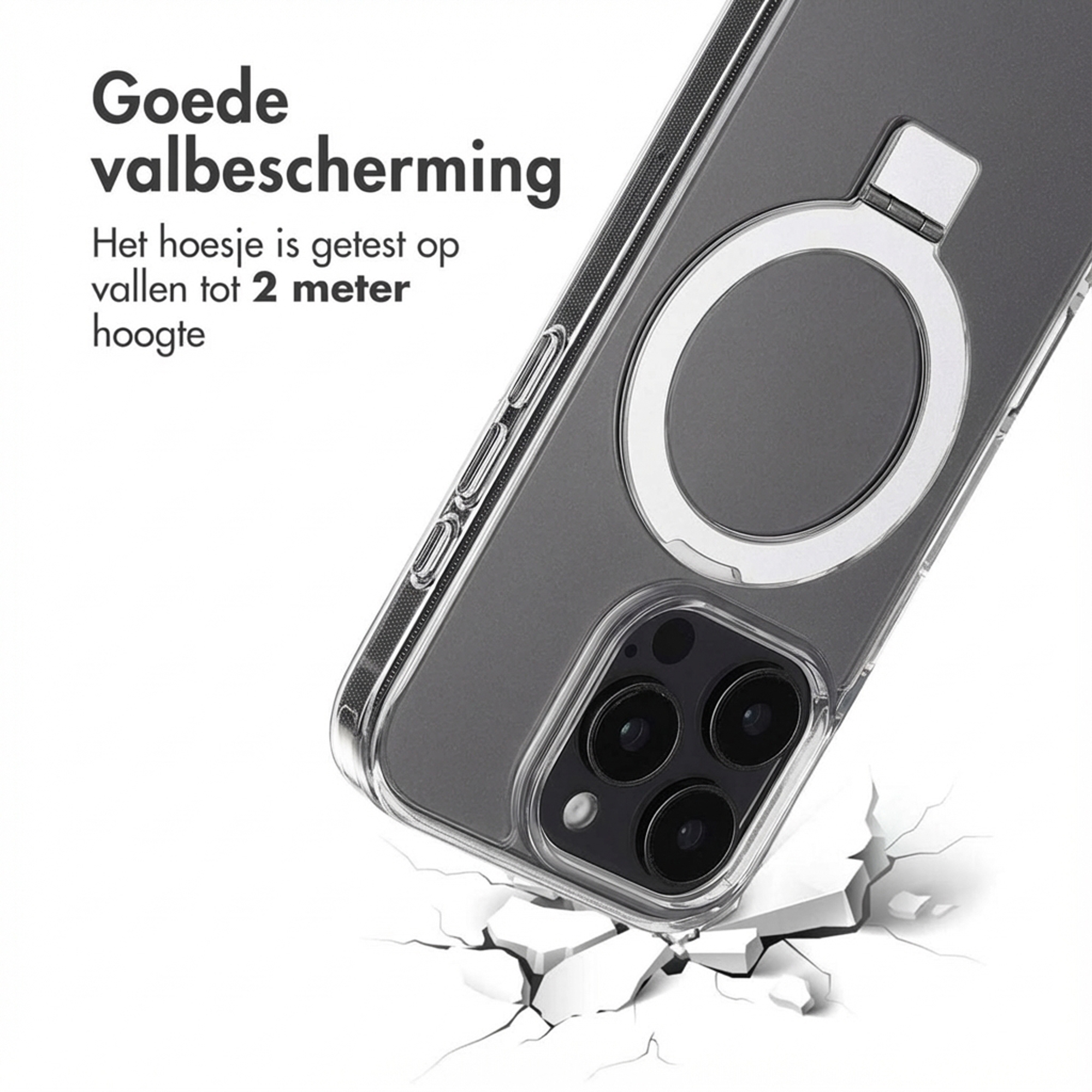 Transparante telefoonhoes met ring op gebarsten grond, toont valbescherming.