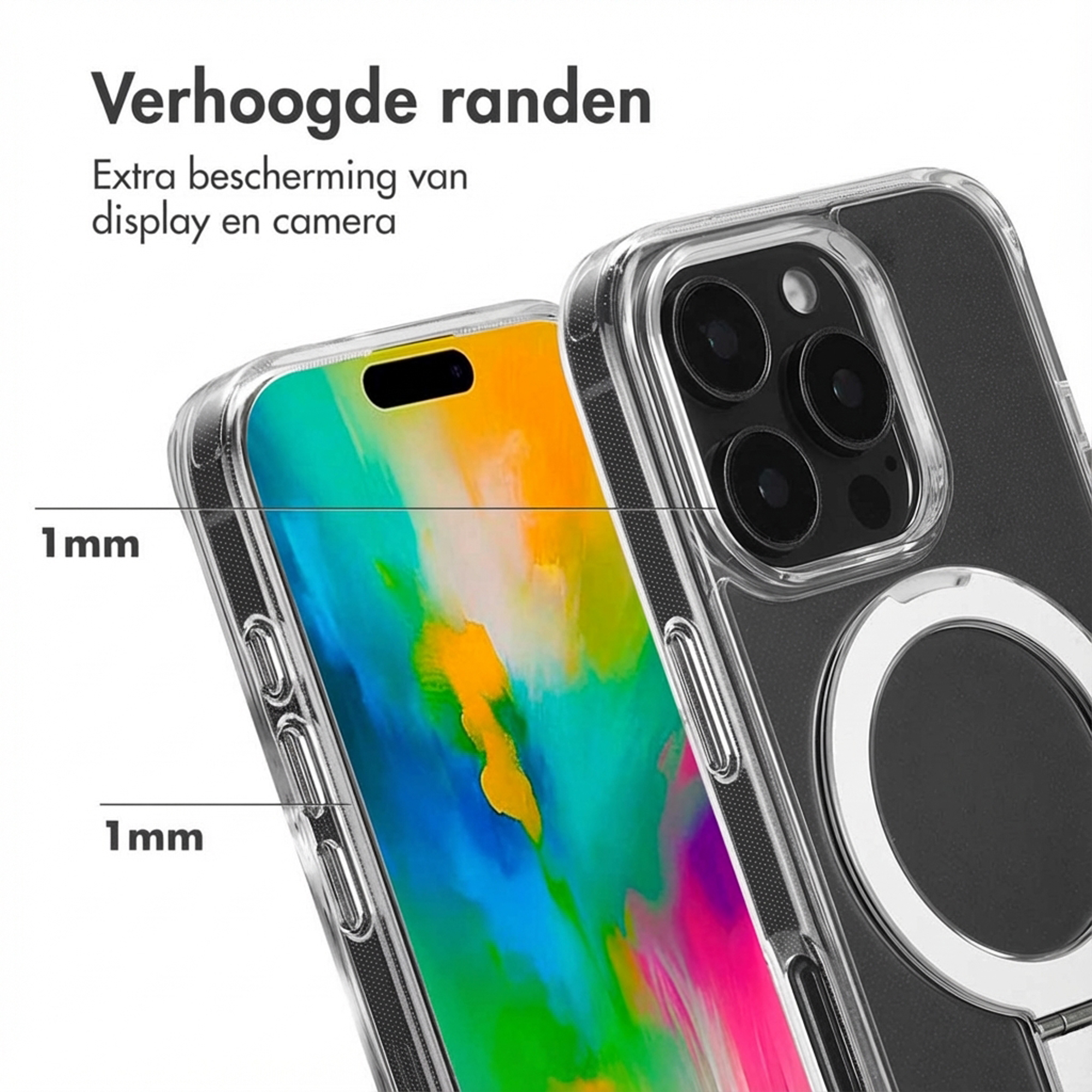 Transparante telefoonhoes met verhoogde randen, 1 mm bescherming voor scherm/camera.