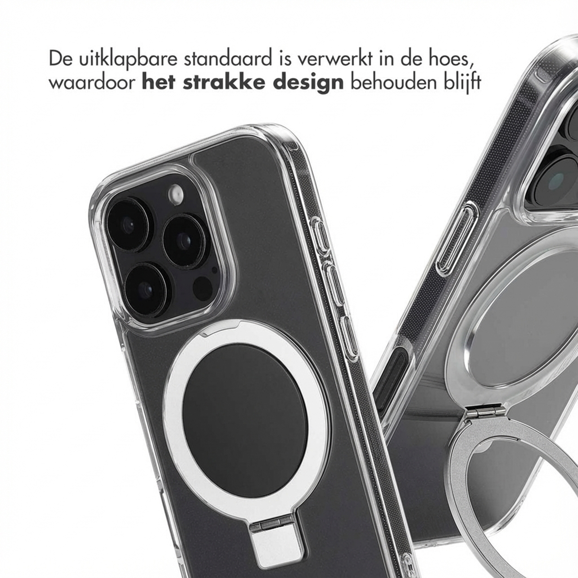 Een transparante telefoonhoes met een ingebouwde ringstandaard.