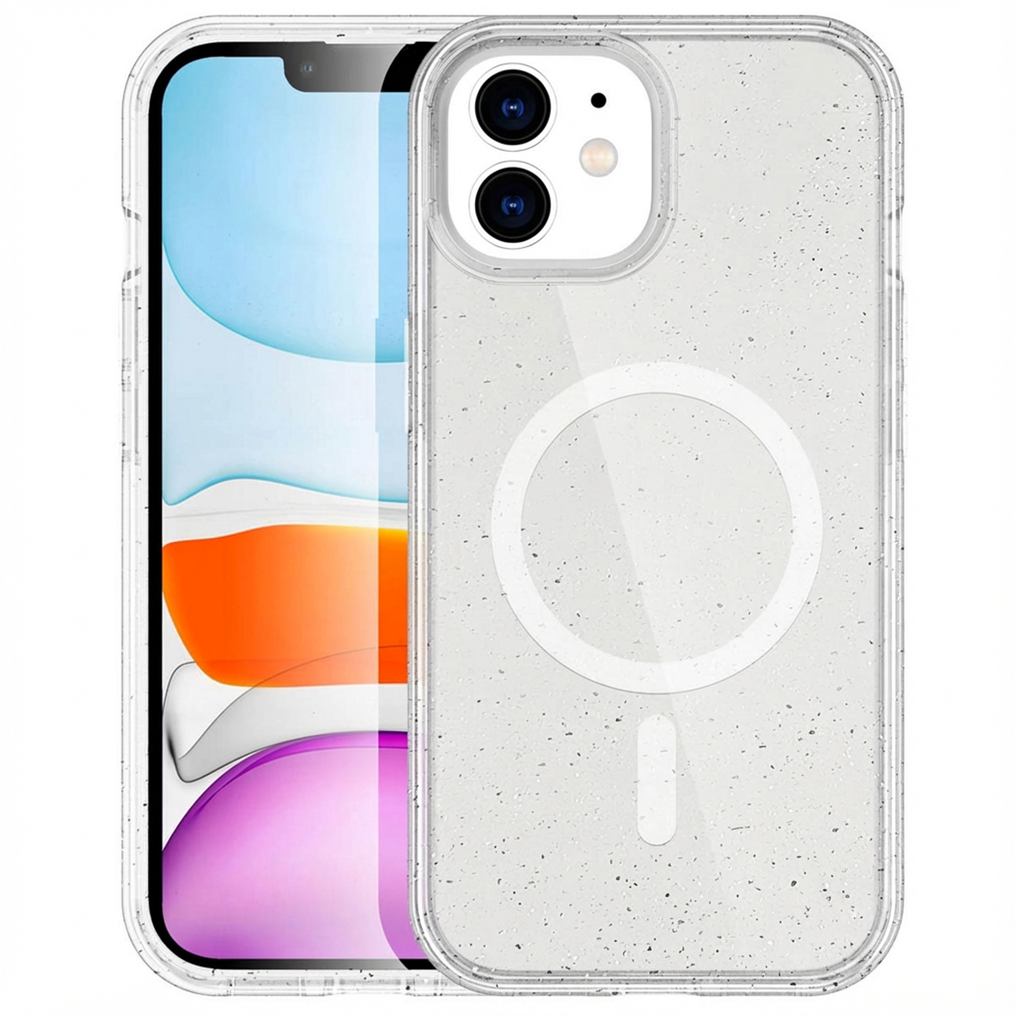 Custodia trasparente con particelle scintillanti, mostra un iPhone.