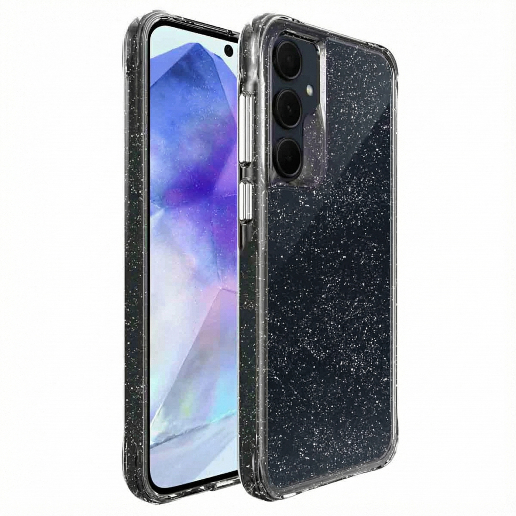 Een glitterende zwarte telefoonhoes met een smartphone.