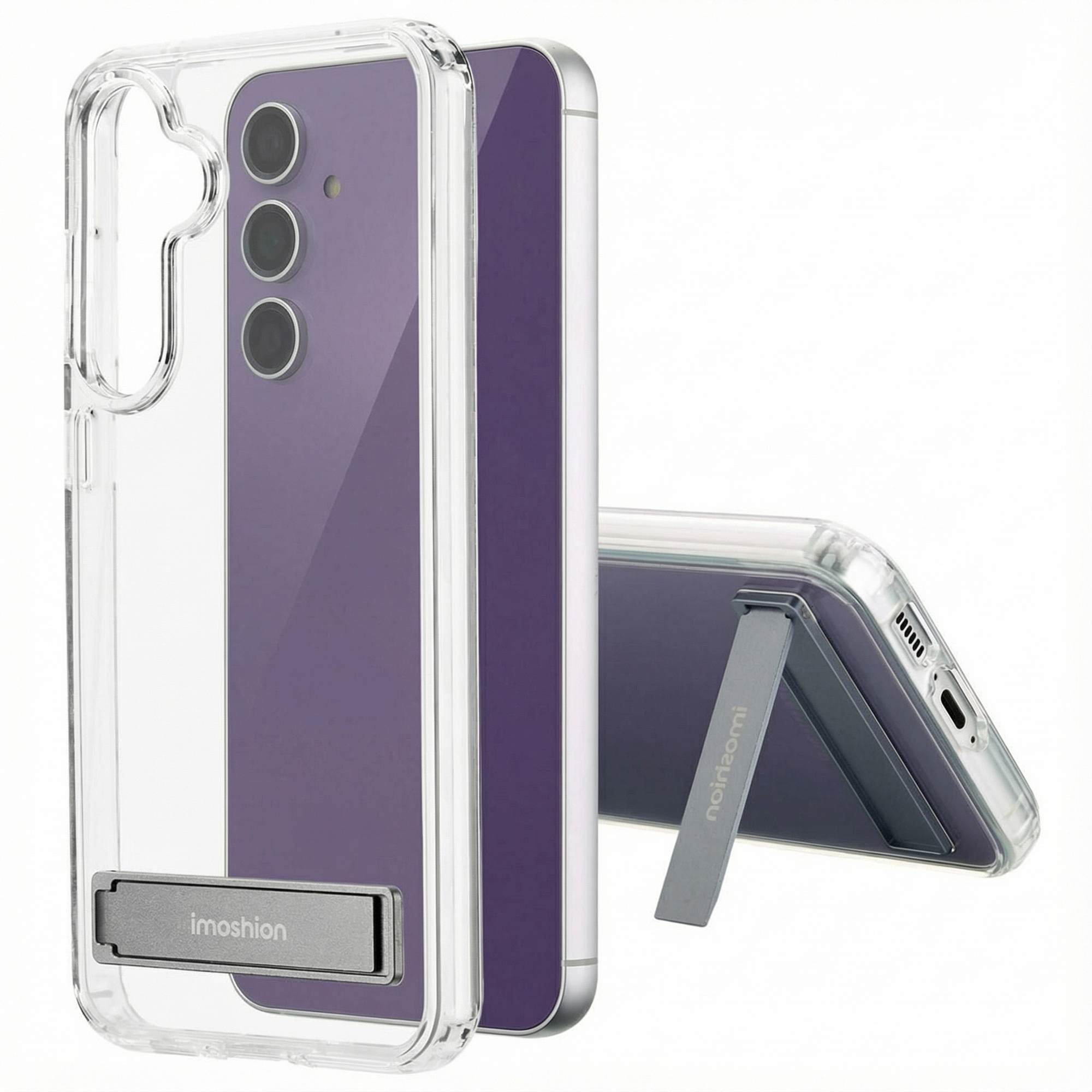 Custodia trasparente con supporto per smartphone viola. Vista ravvicinata.