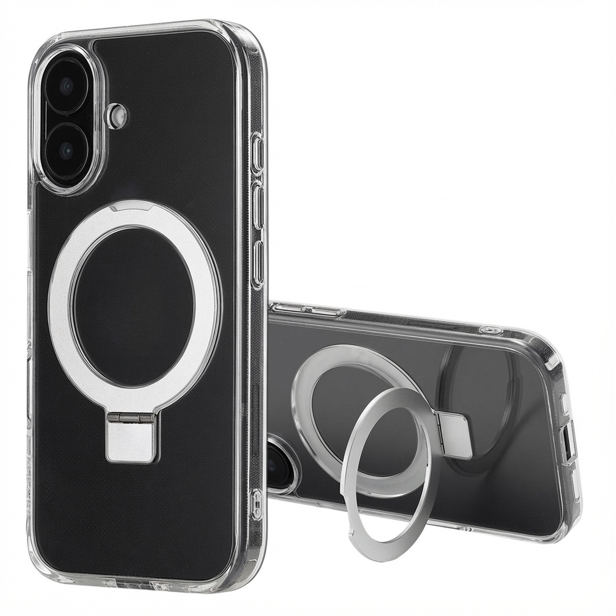Coque de téléphone transparente avec anneau argenté et deux caméras.