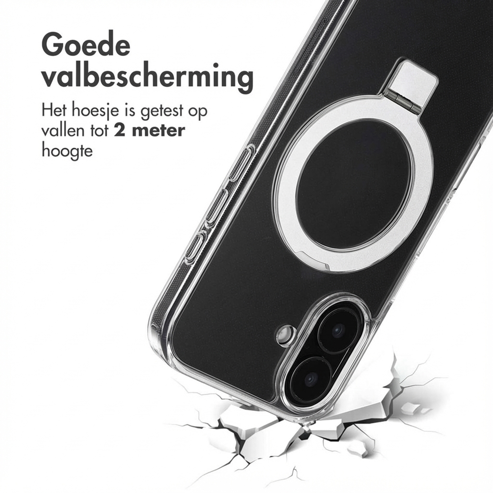 Coque de téléphone transparente avec anneau argenté, testée pour chutes de 2m, sur surface blanche fissurée.