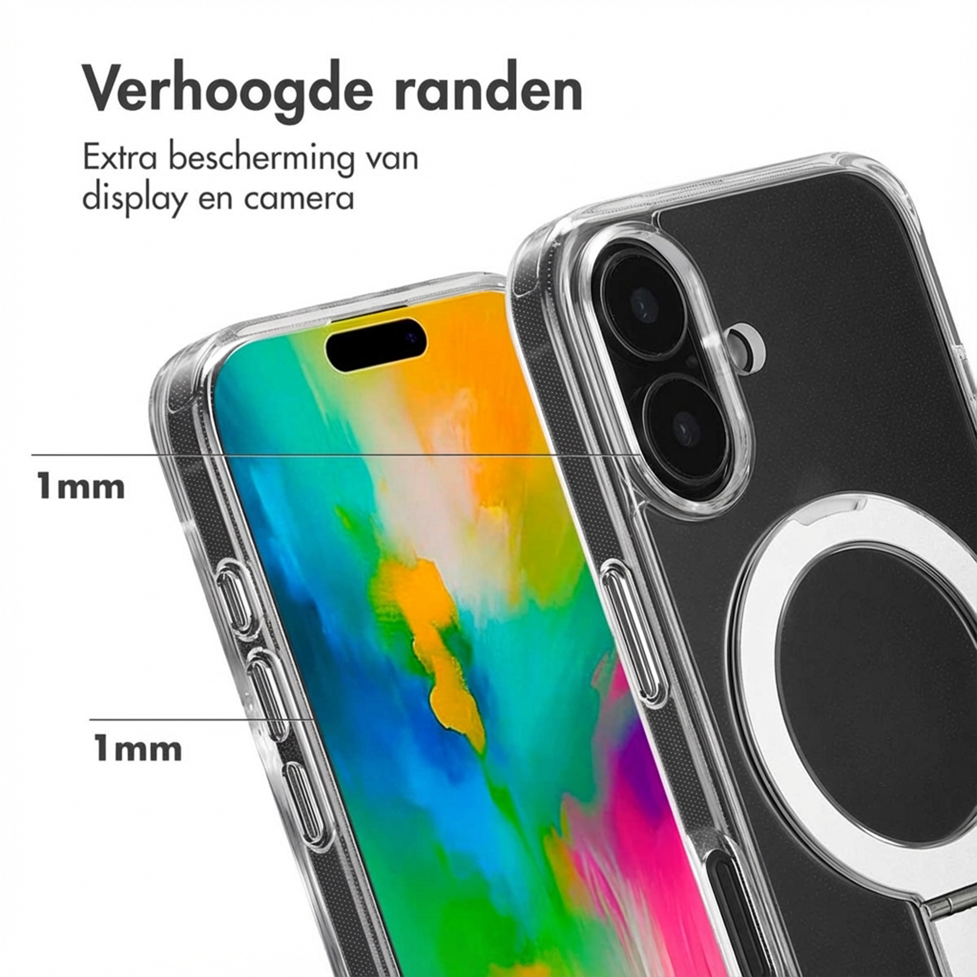 Coque de téléphone transparente à bords surélevés protège écran et appareil photo.