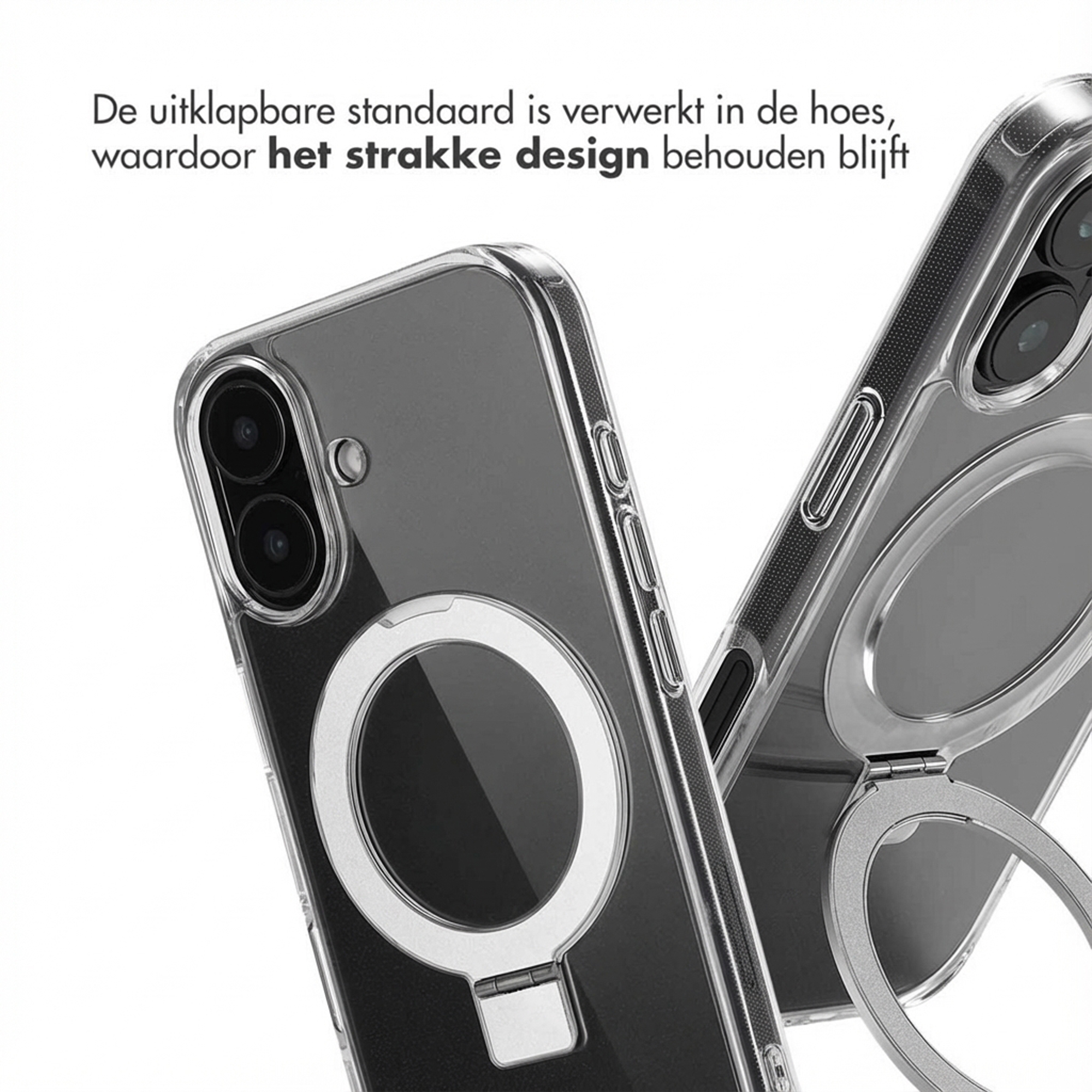 Coque de téléphone transparente avec support argenté intégré.