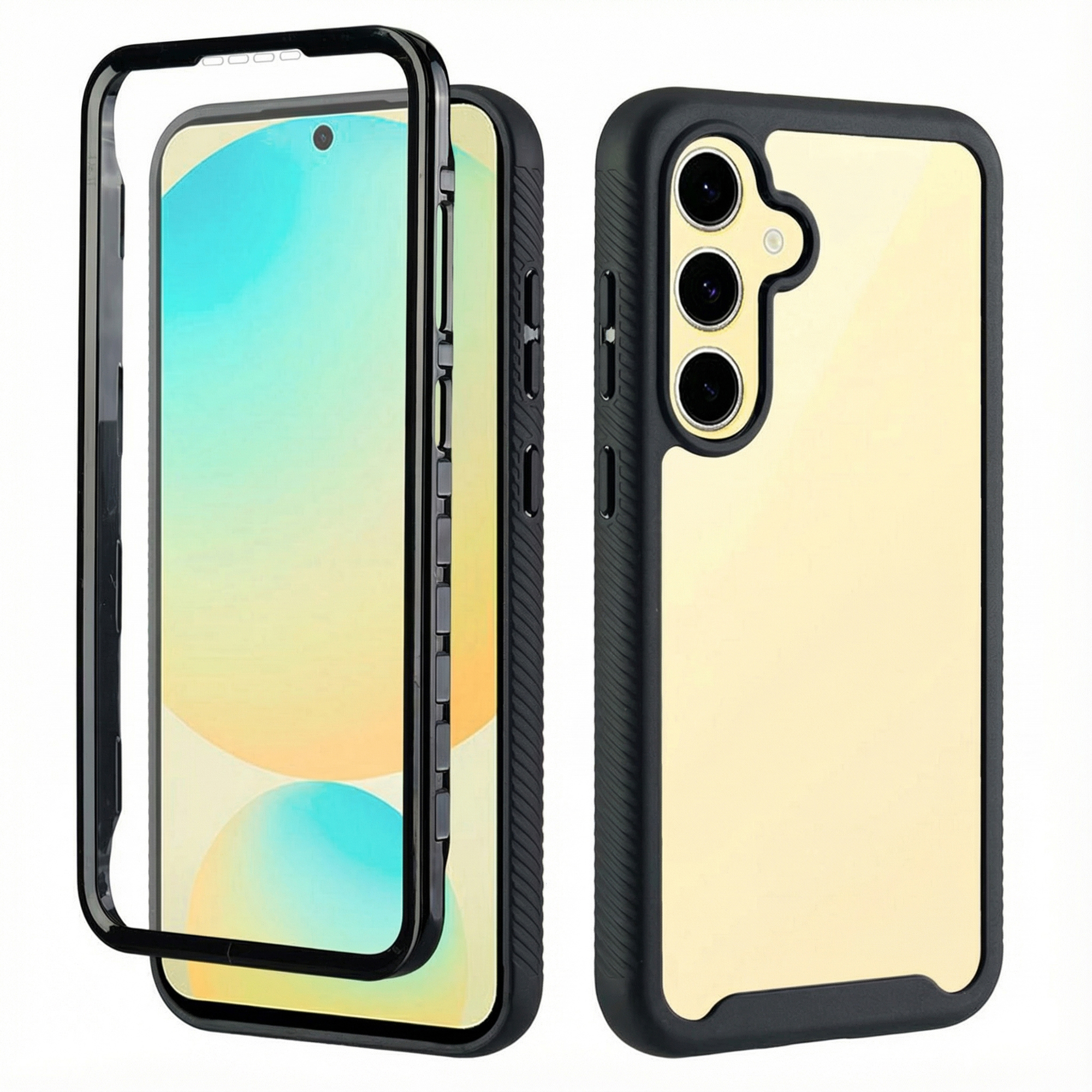Une coque de téléphone noire avec trois caméras au dos et finition miroir dorée.