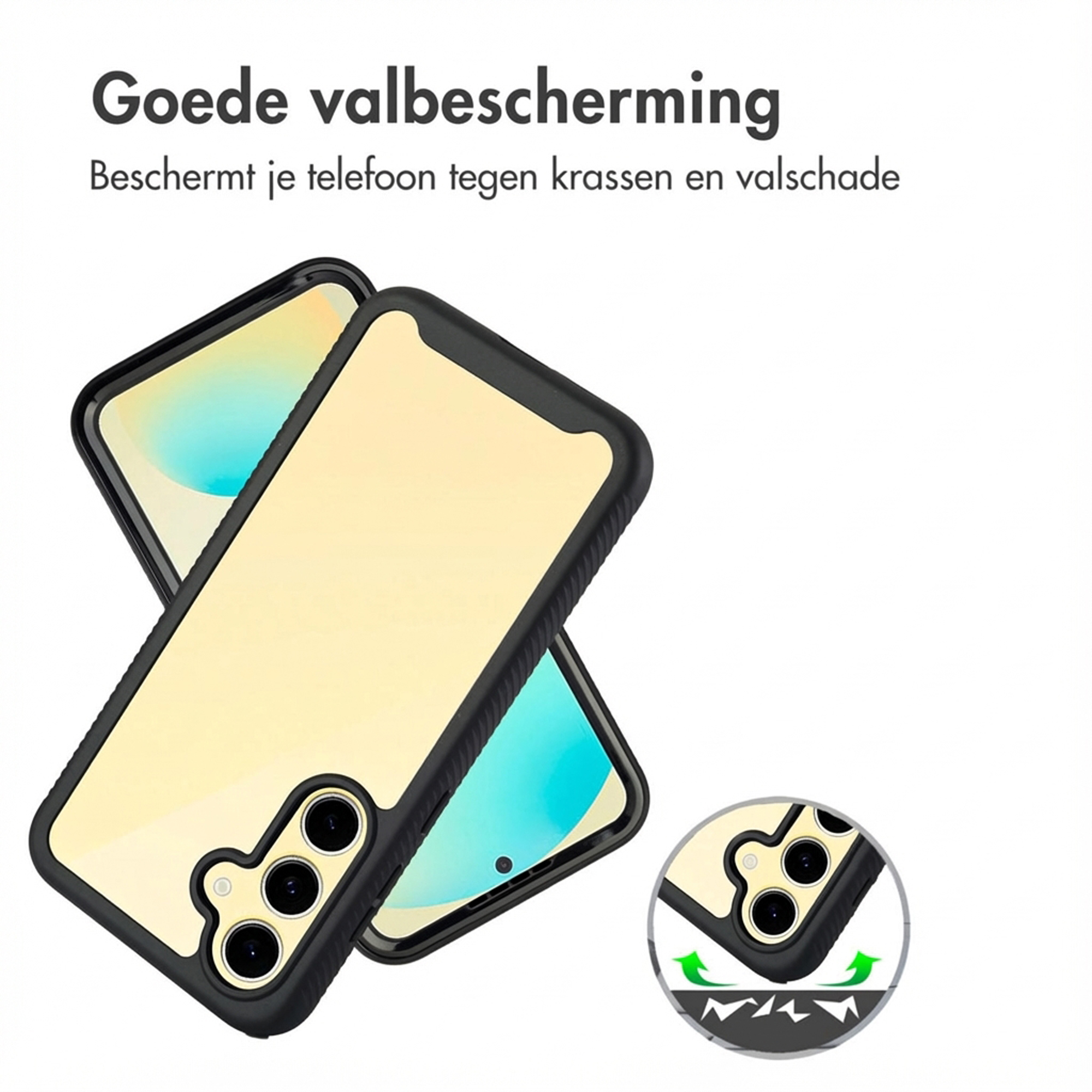 Coque dorée pour téléphone avec bord noir, protection caméra et icône antichoc.