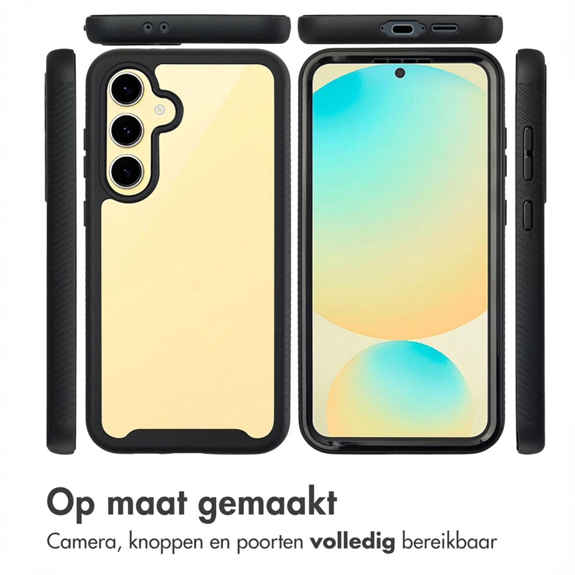 Coque de téléphone noire avec dos jaune et découpe triple appareil photo.