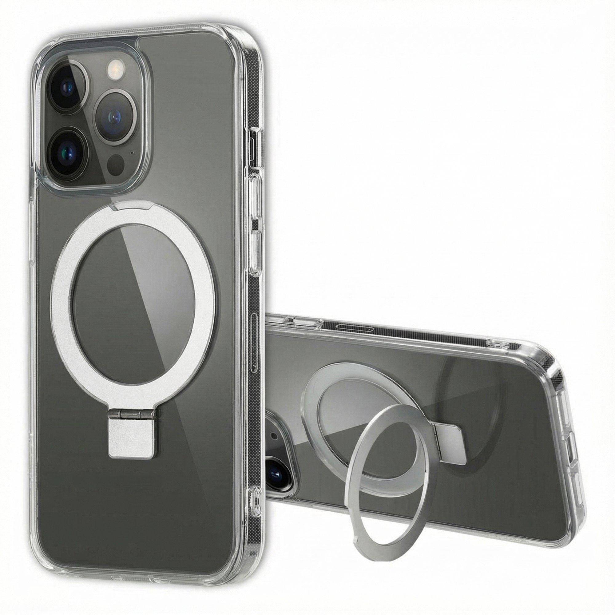 Coque de téléphone transparente avec support anneau argenté et découpe caméra.