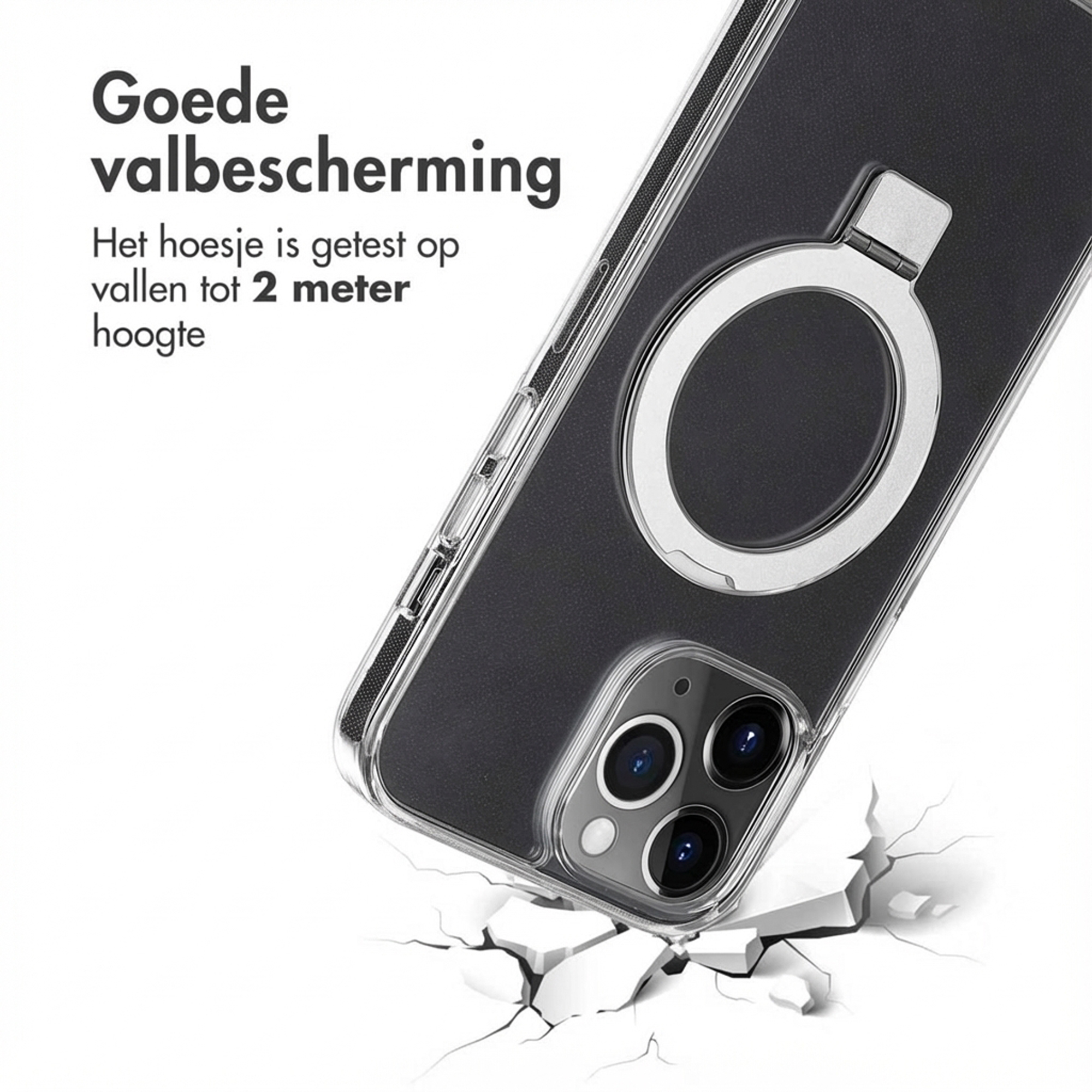 Une coque de téléphone transparente avec anneau tombe et fissure le sol.