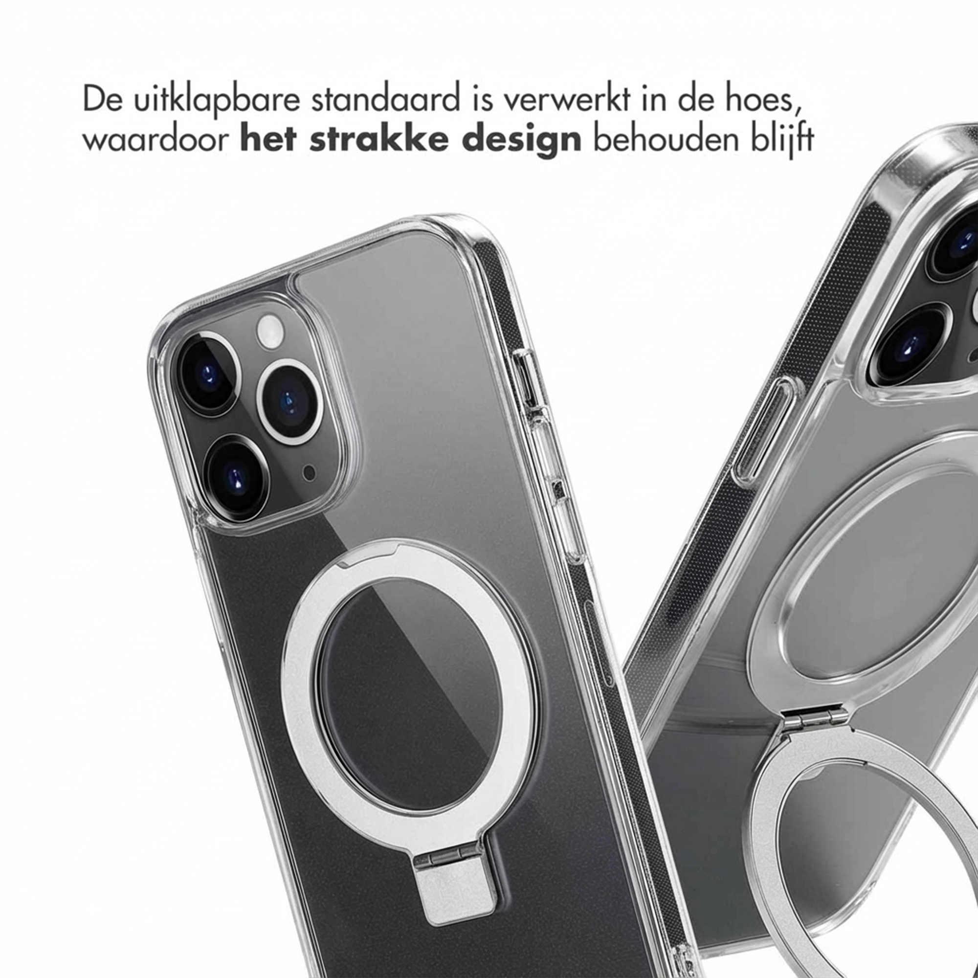 Coque de téléphone transparente avec support bague argenté intégré.
