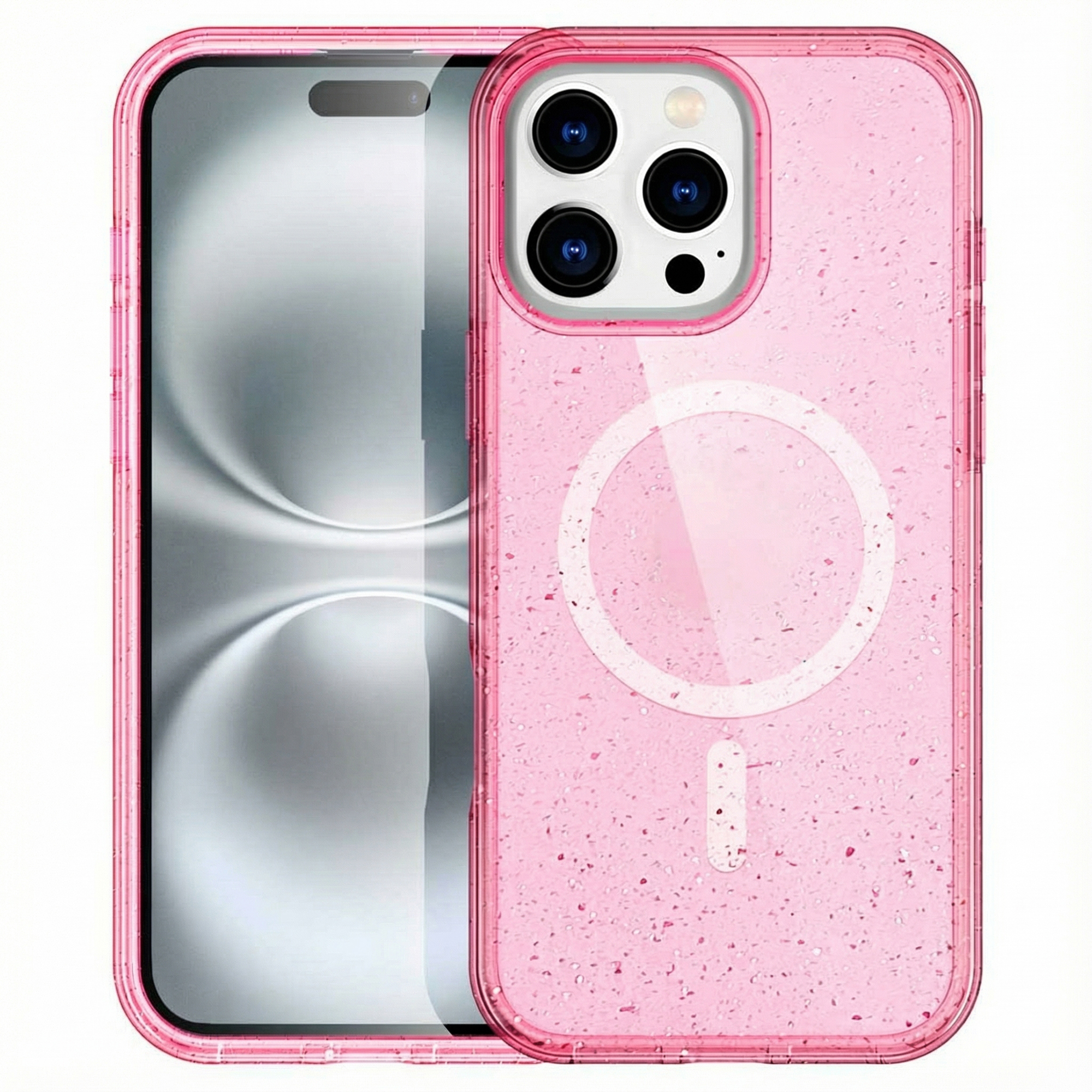 Een transparante roze telefoonhoes met glitter en MagSafe-cirkel.
