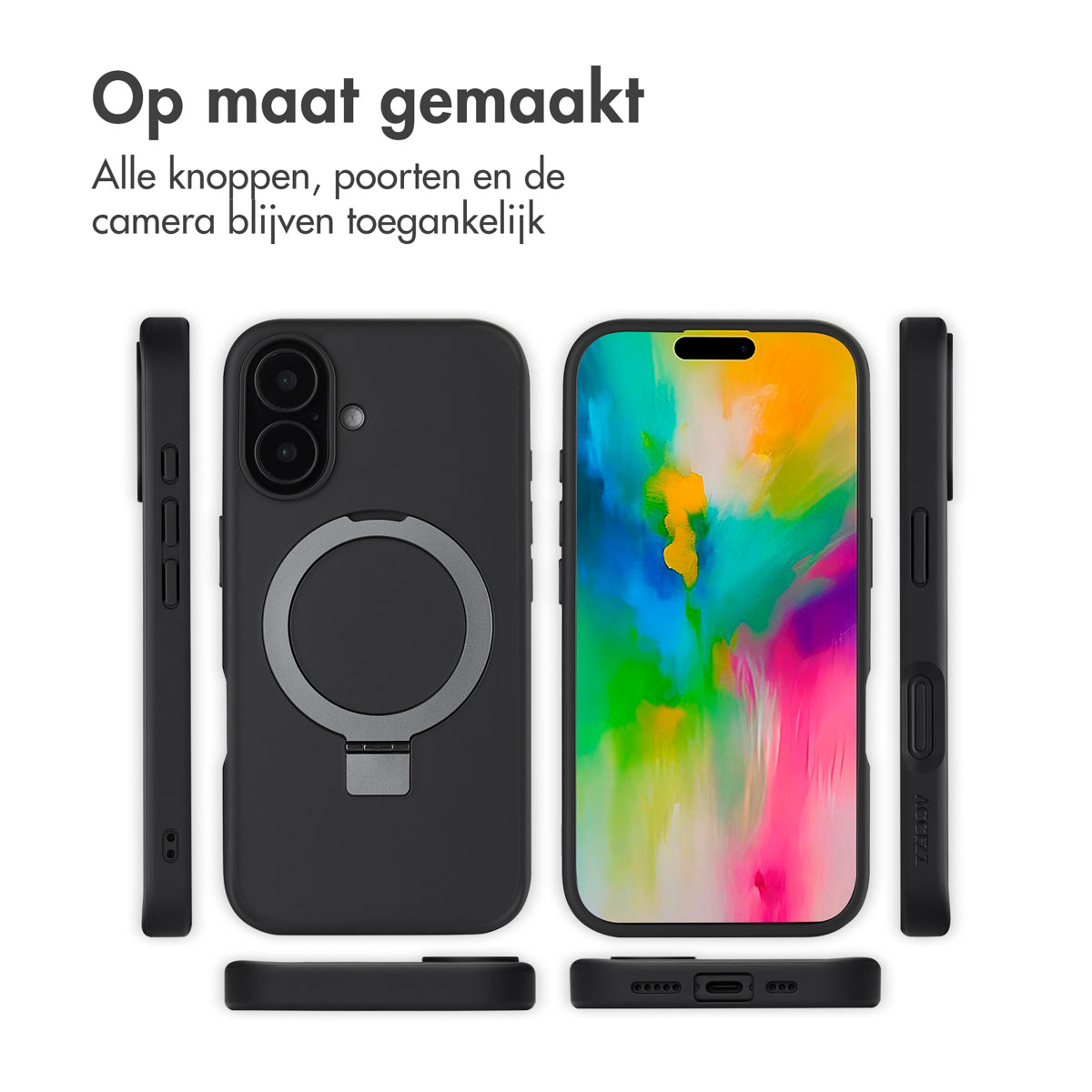 Coque de téléphone noire avec anneau magnétique et écran coloré.