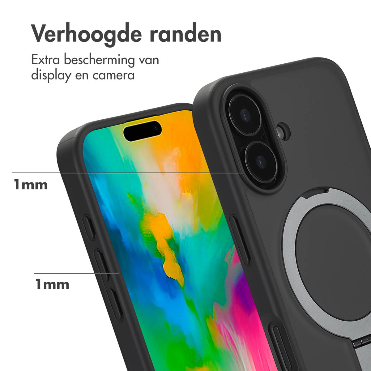 Coque de téléphone noire à bords surélevés pour protéger écran et appareil photo.