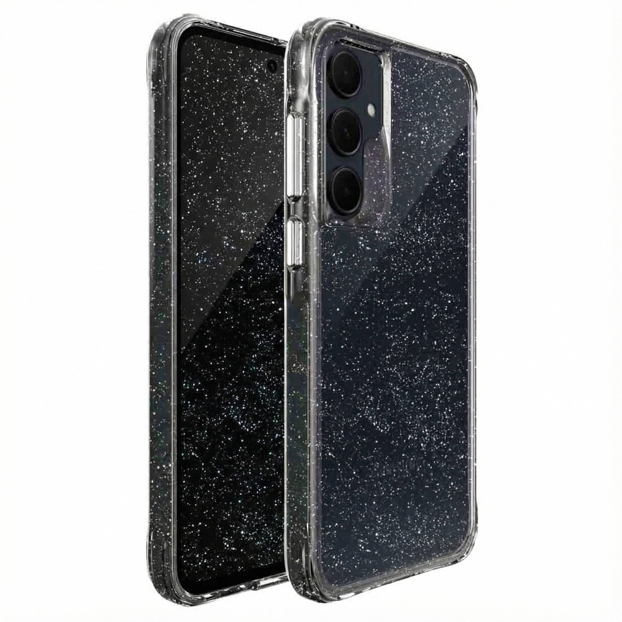 Een zwarte telefoon met glitterhoes, met drie camera's aan de achterkant.