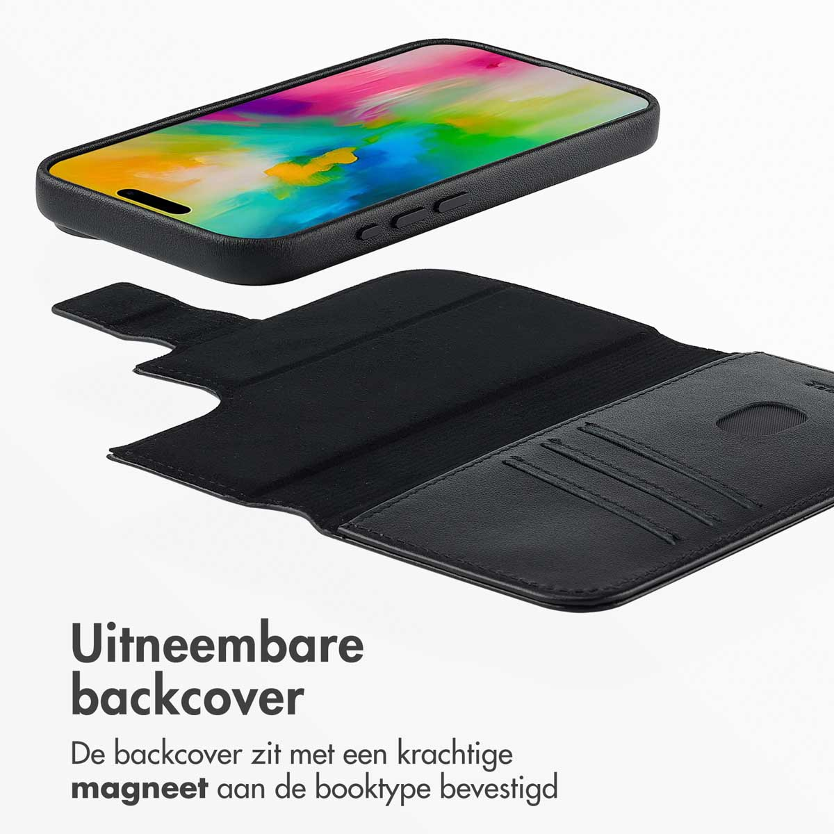 Un étui à rabat noir pour téléphone avec dos détachable et emplacements.