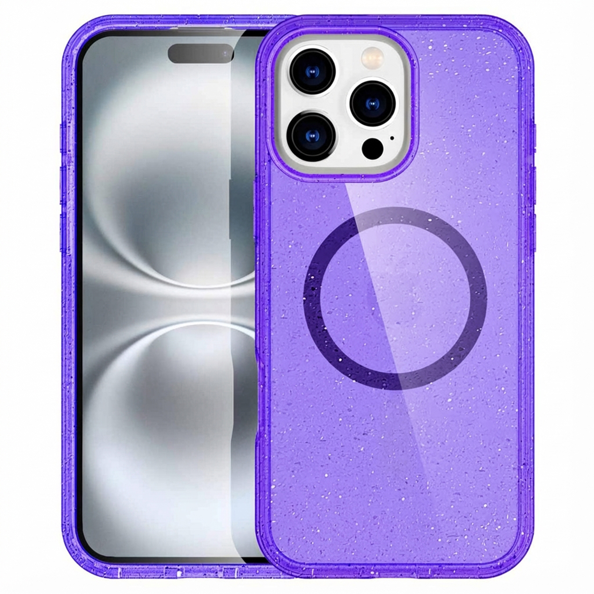Coque violette pailletée pour smartphone avec triple caméra.