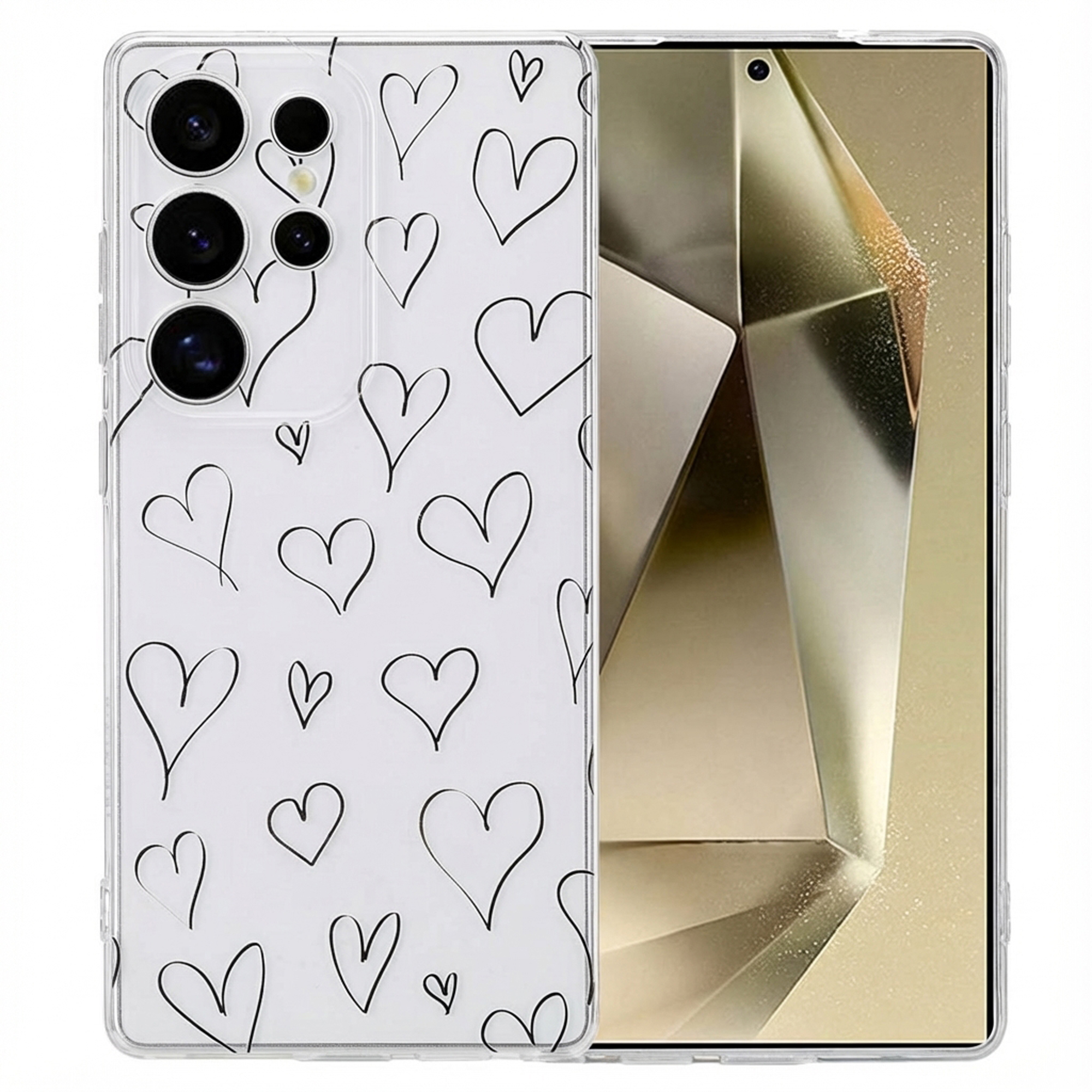 Coque de téléphone transparente avec contours de cœur noirs et dos de téléphone.