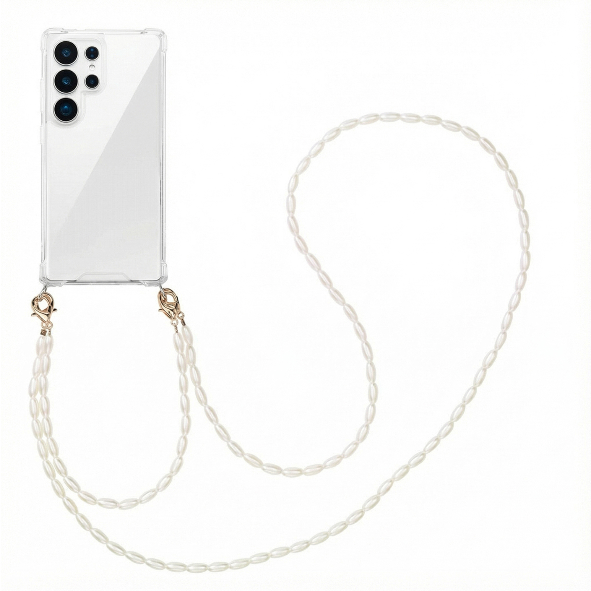 Une coque de téléphone transparente avec un collier de perles y attaché.