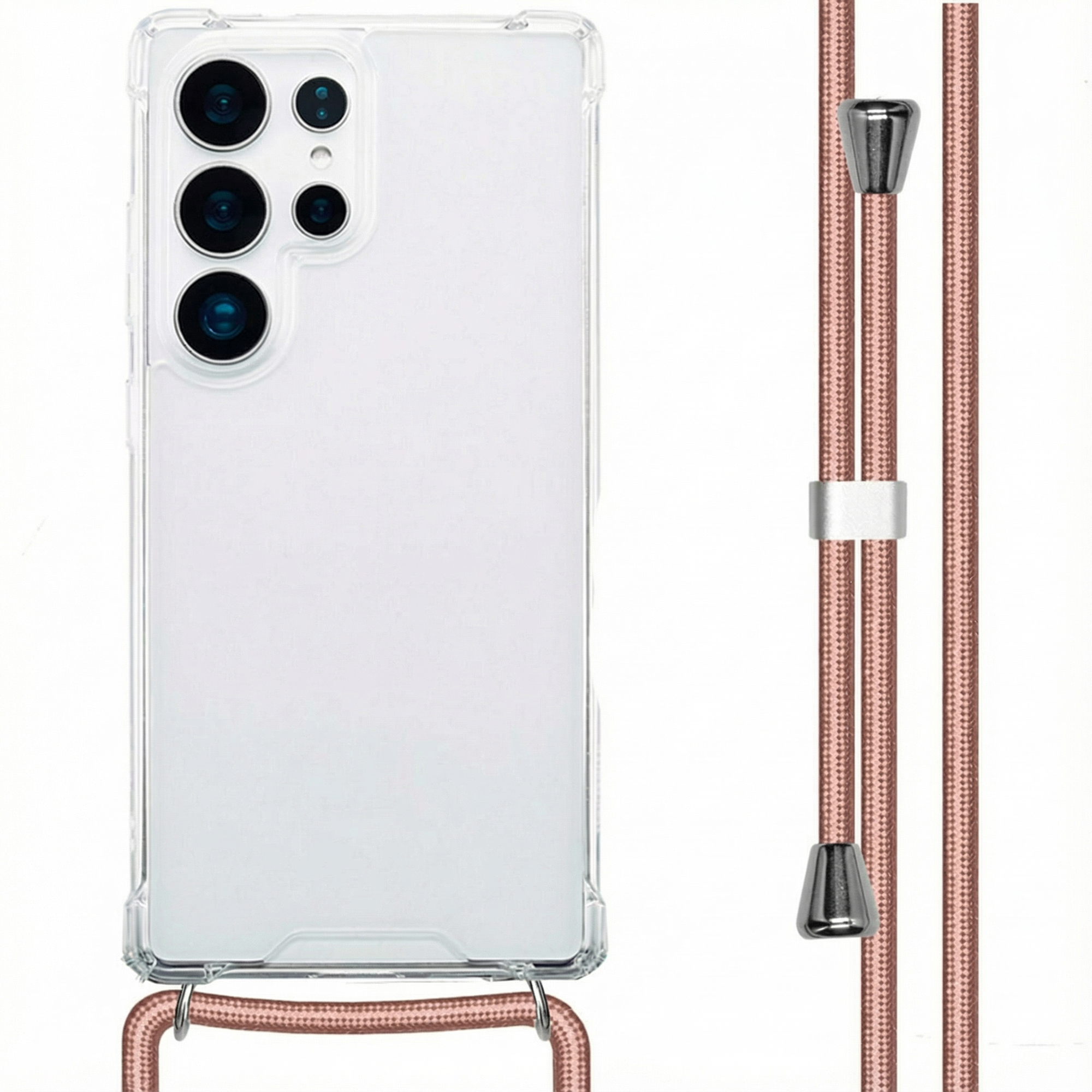 Une coque de téléphone transparente avec quatre caméras et un cordon rose.