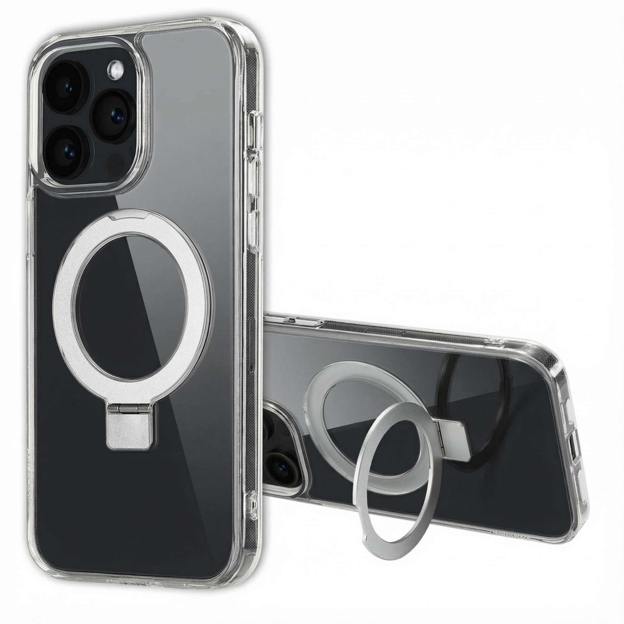 Een doorzichtige telefoonhoes met zilveren ringhouder en cameralenzen.