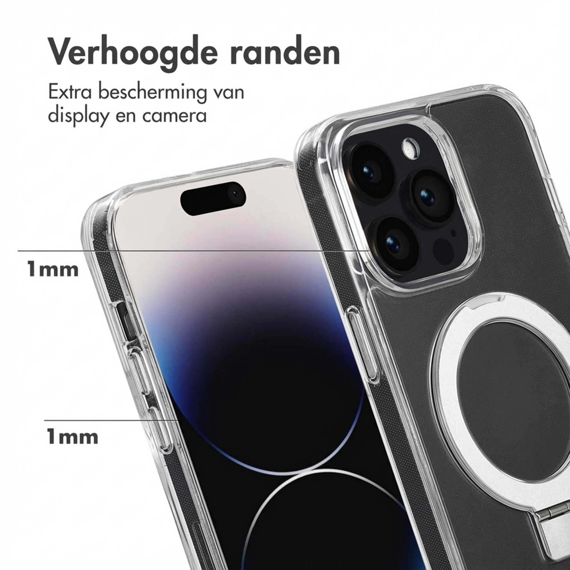 Een doorzichtige telefoonhoes toont 1 mm verhoogde randen ter bescherming.
