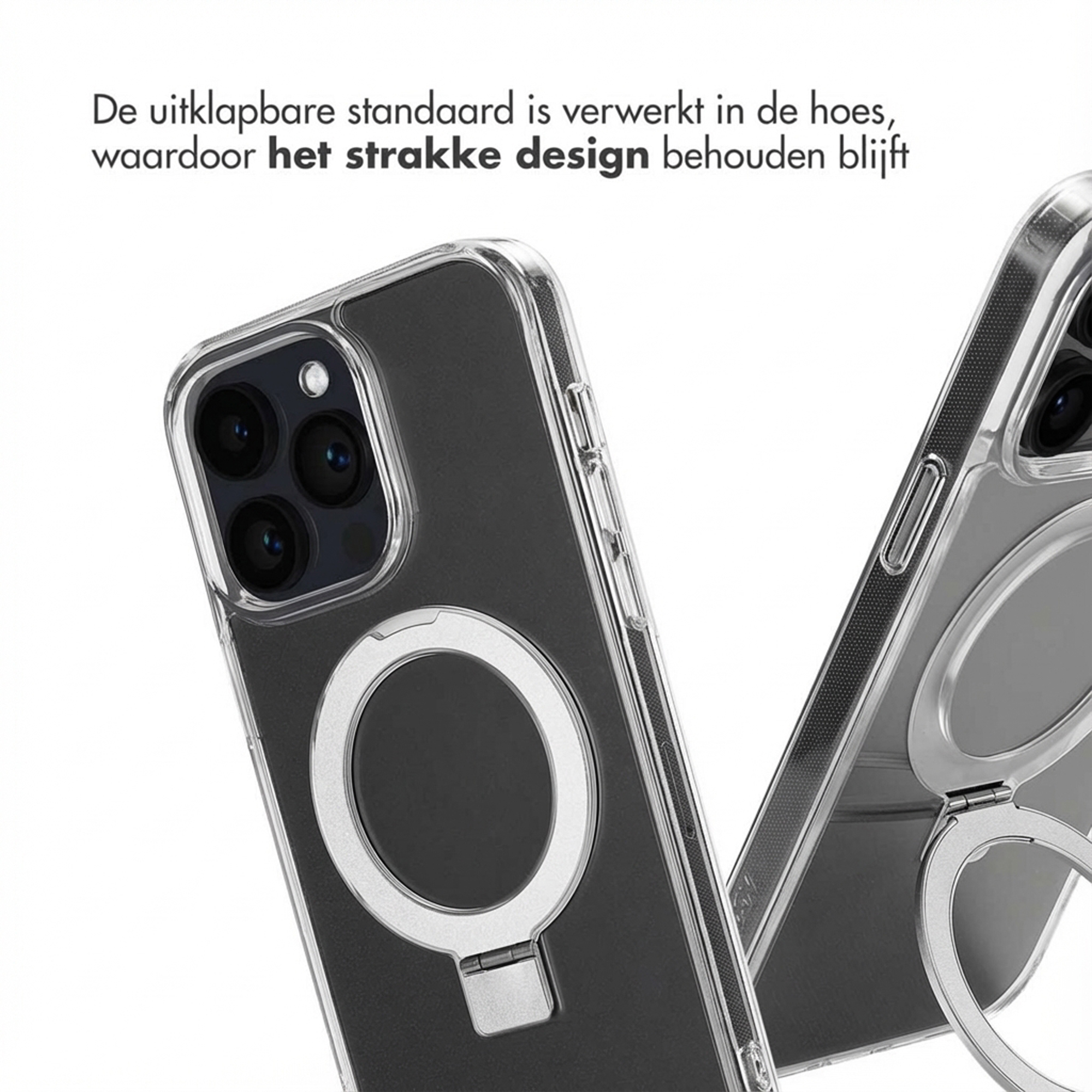 Doorzichtige telefoonhoes met ingebouwde ringstandaard.
