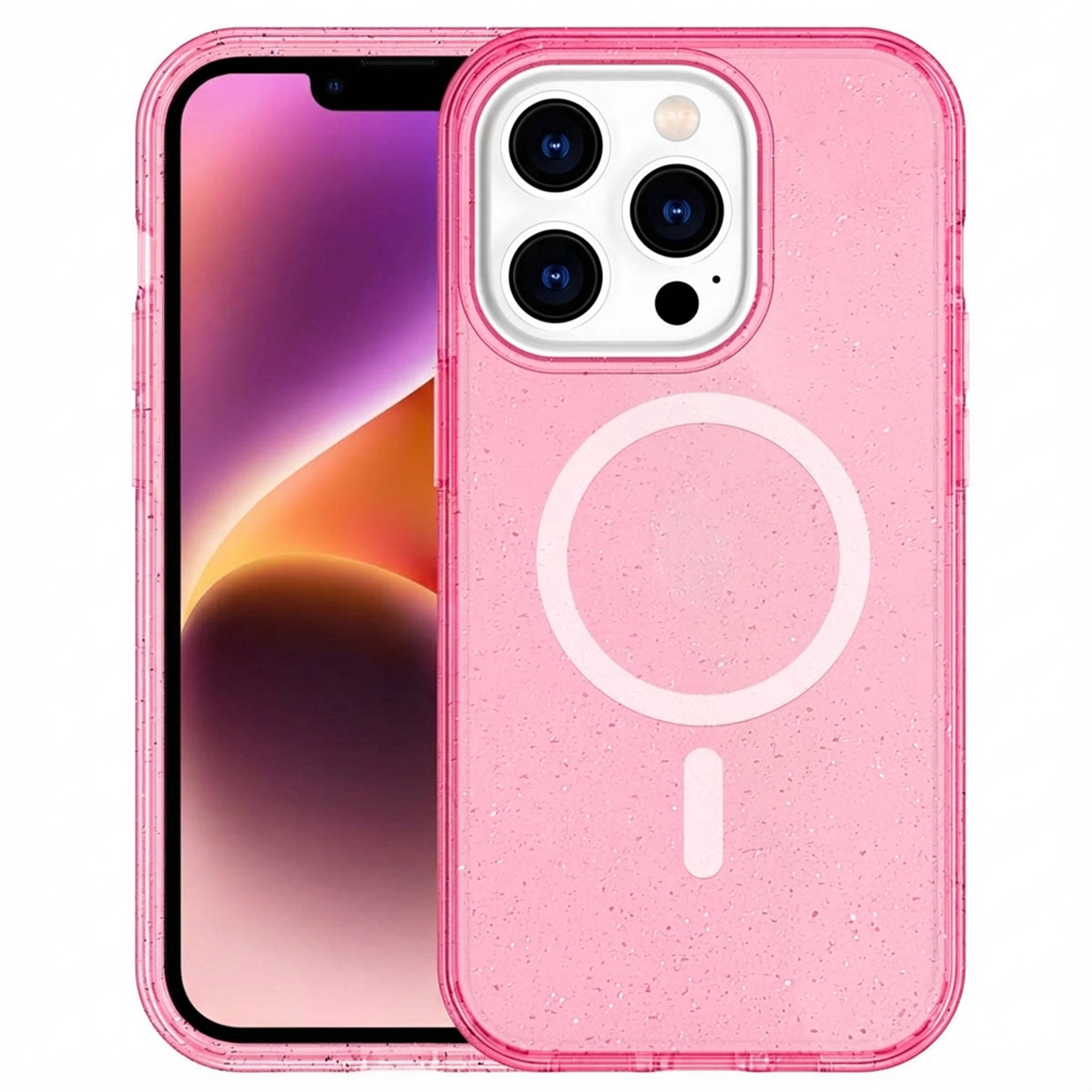 Coque d'iPhone rose avec système de caméra et anneau magnétique.