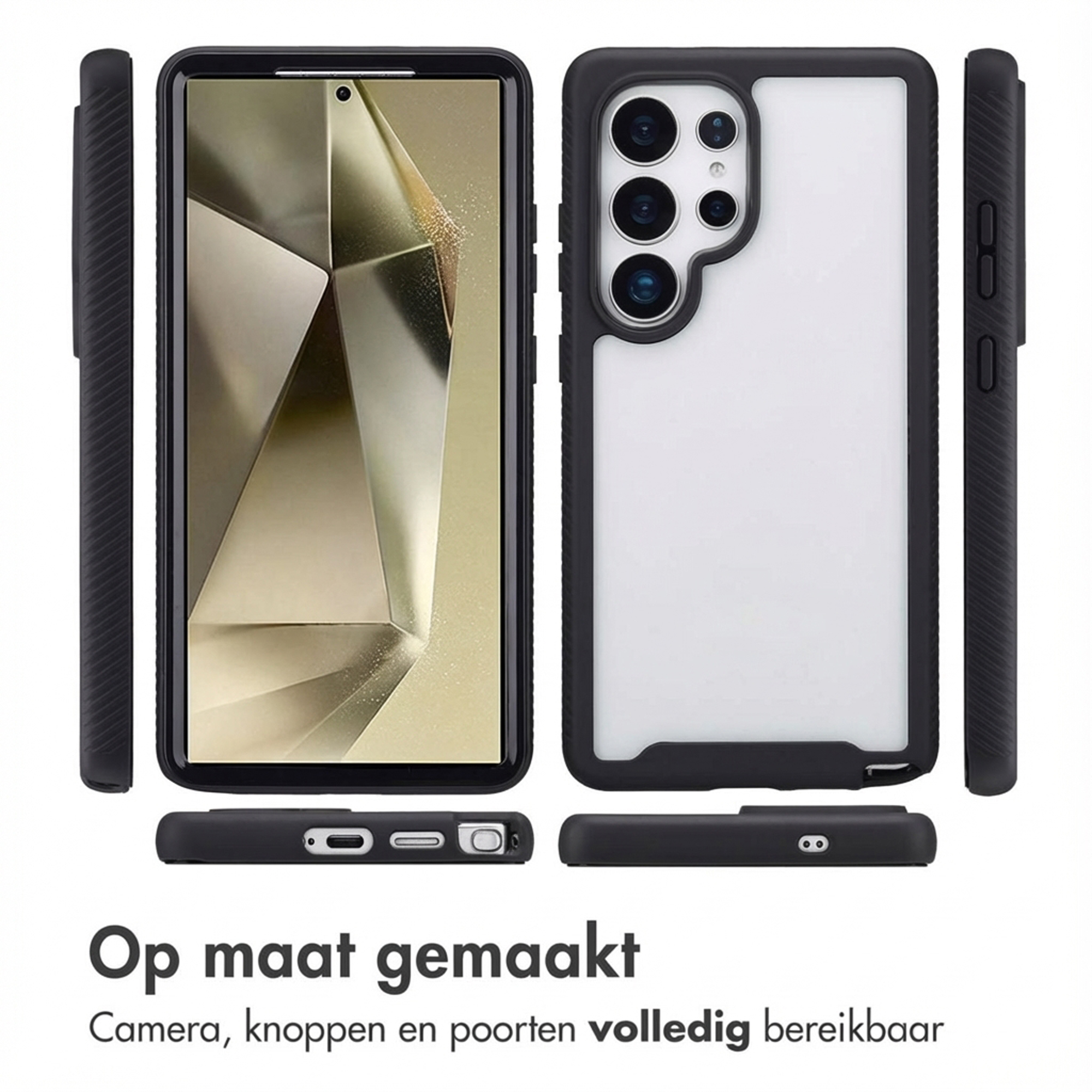 Black phone case showing front, back, and side views of the phone.
