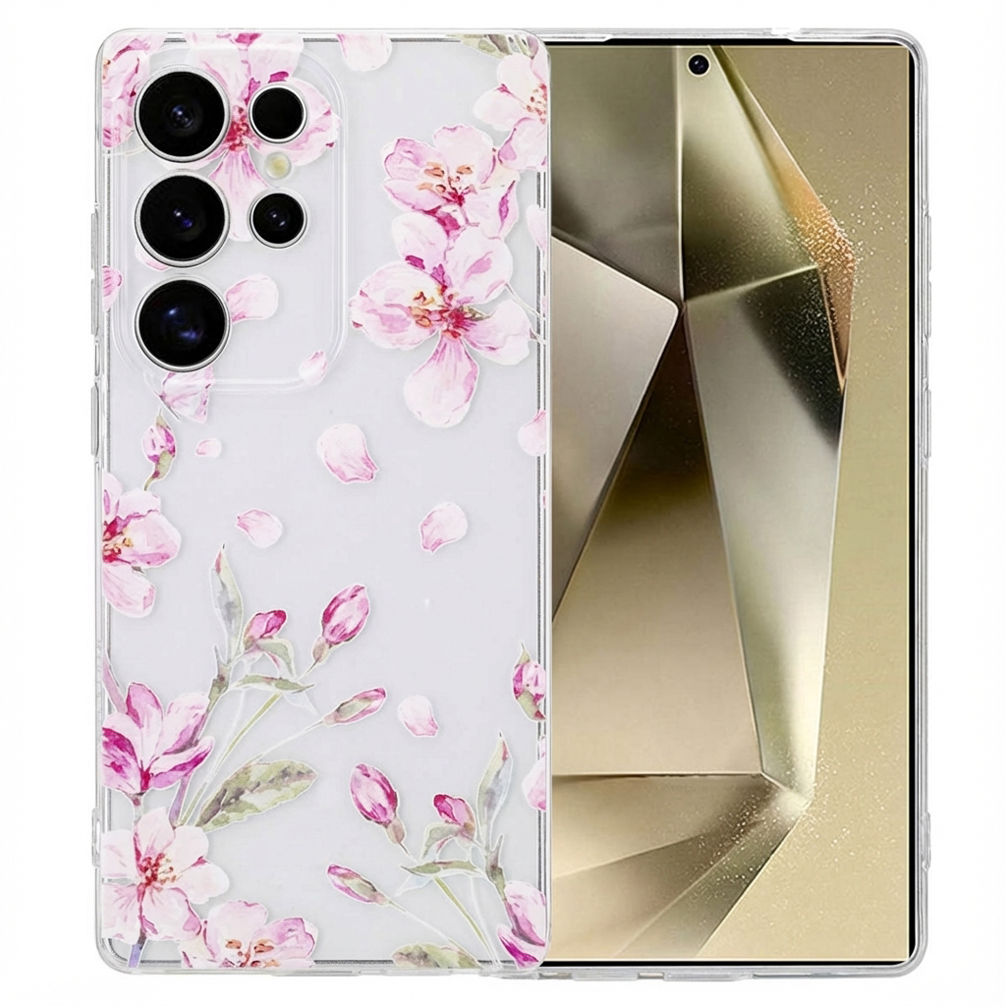 Doorzichtig telefoonhoesje met roze bloemen en lenzen.