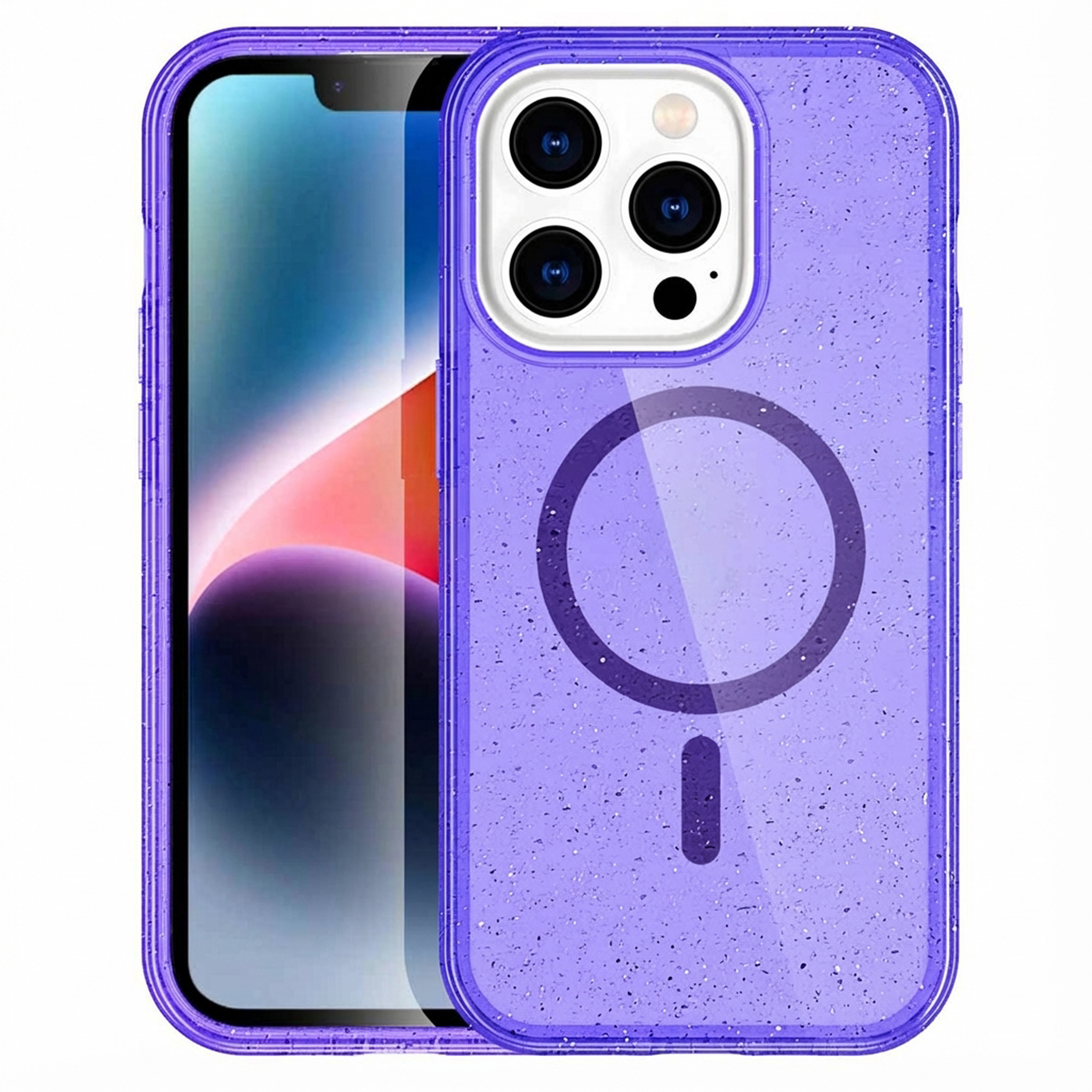 Coque violette mouchetée avec anneau magnétique pour iPhone.