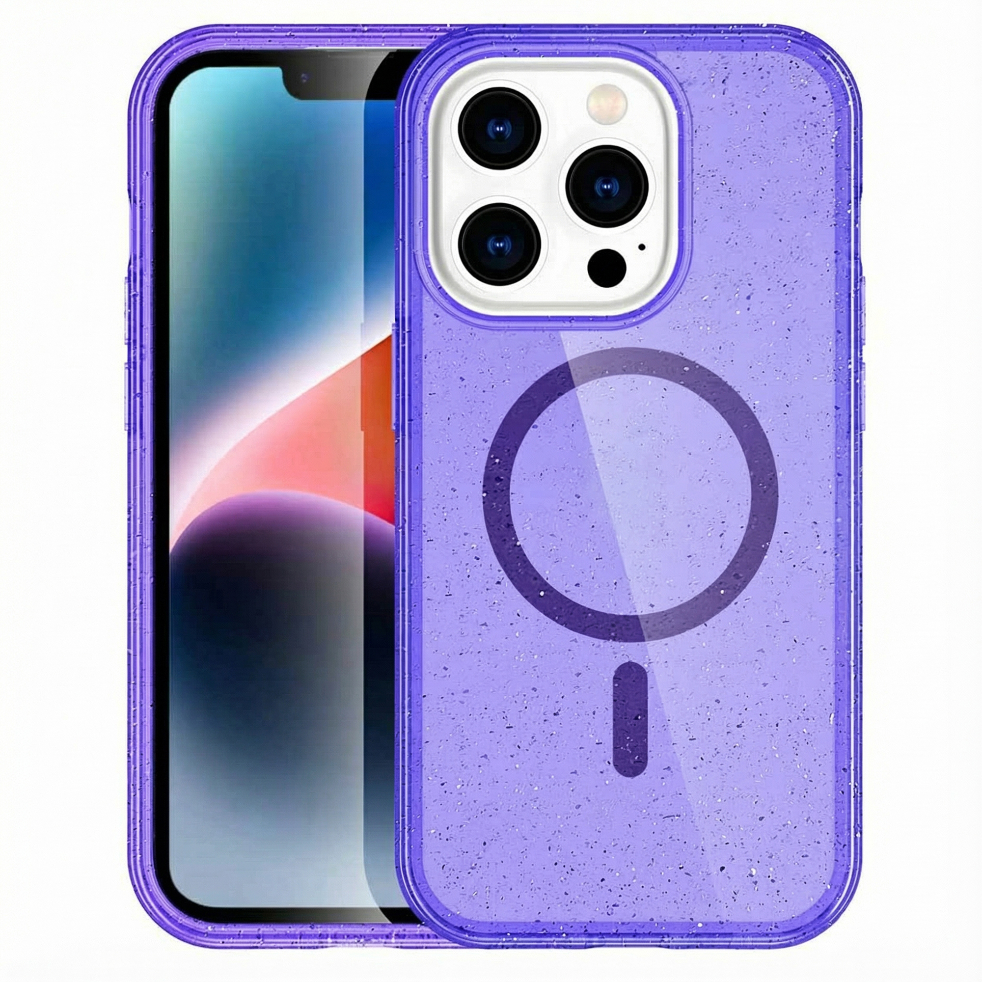 Coque de téléphone violette pailletée avec module caméra sur l'écran.